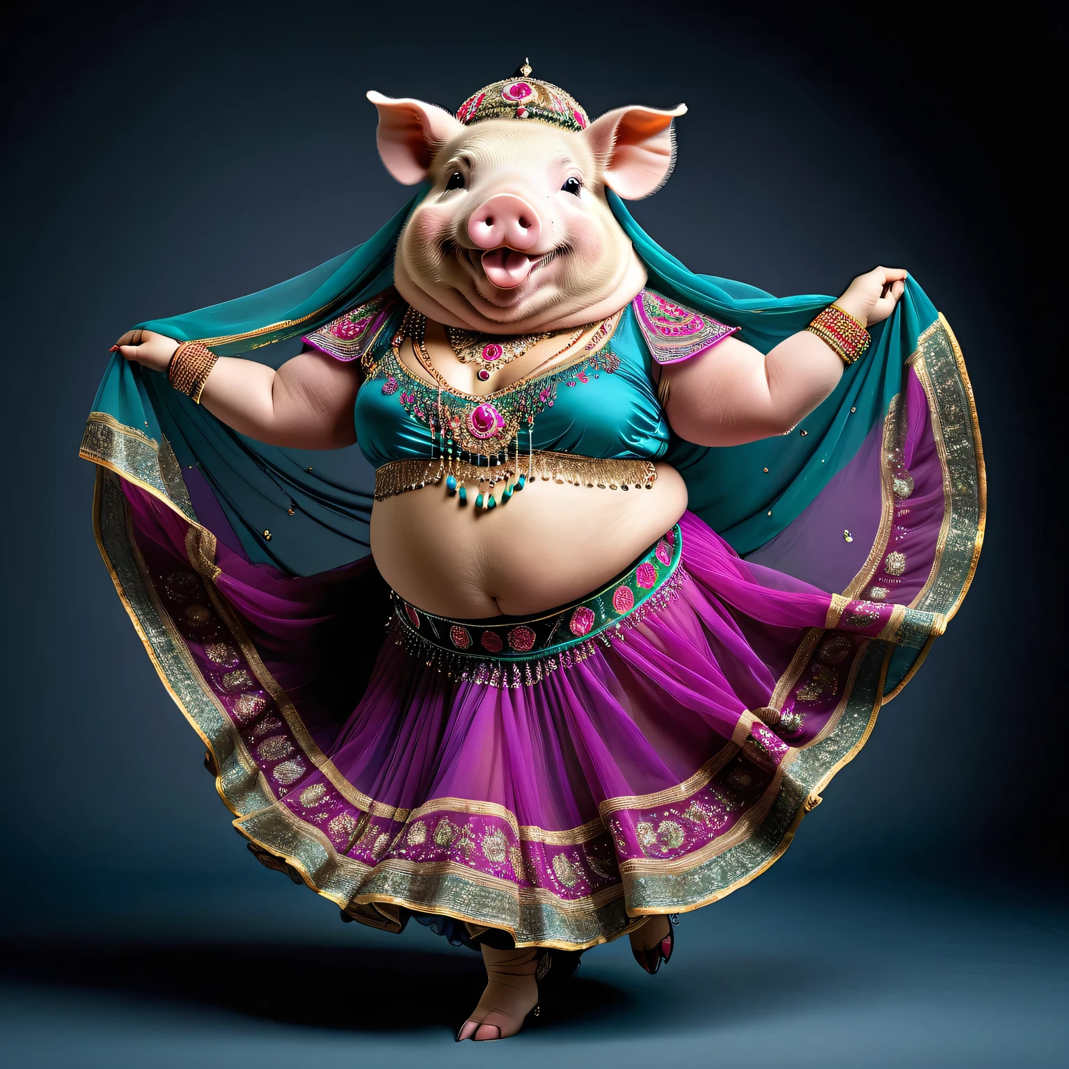 photorealistic portrait of Dressed animals - a ((fat)) ((pig)) dancer,(furry), (dynamic dancing:2.0), (swinging arms :2.0),(happy smile:1.2),high quality,(happy),(lovely) ,intricate details, (sheer veil), highly detailed (( gypsy belly dancing clothes)) ,highly detailed decorations of clothes, Wearing gypsy belly dancing clothes, , (happy), studio lighting,(full body image:1.5),simple background,(viewed from side:2.0),