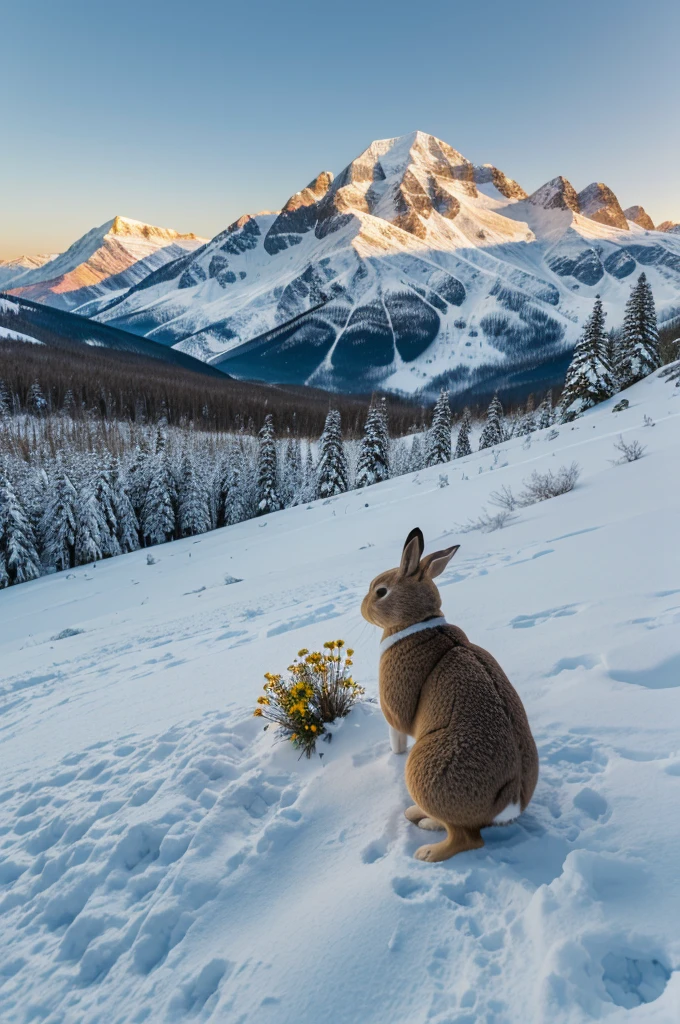 a serene mountain full of snow with red and yellow flowers on the foot of mountain , sun rising in the east,birds flying in the sky, a rabbit eating a nut