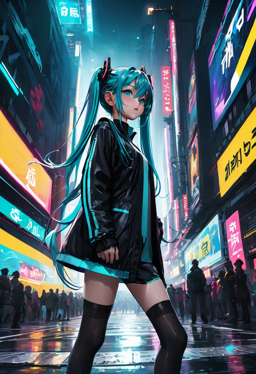 1girl, hatsune miku, black tape project, dutch angle, detailed hair, detailed facial features, detailed eyes, detailed lips, intricate hairstyle, long flowing hair, cyberpunk, neon lights, glowing neon, dark futuristic city, moody lighting, cinematic composition, dynamic camera angle, high contrast, vivid colors, (best quality,4k,8k,highres,masterpiece:1.2),ultra-detailed,(realistic,photorealistic,photo-realistic:1.37) , NSFW.