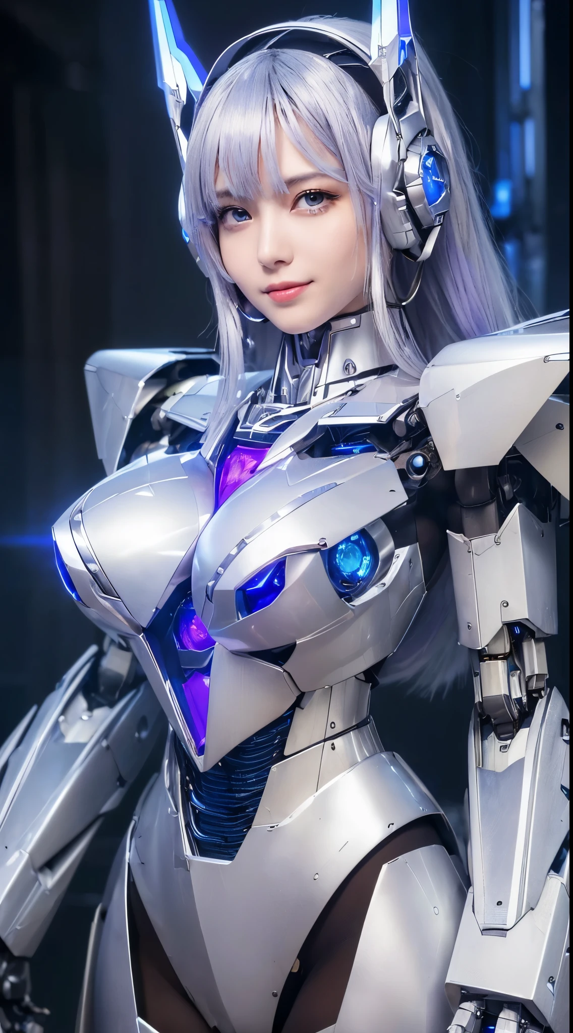 ((Intense action pose:1.6))、((Shining lenses on both breasts:1.3))、((Blue pillars of light are emanating from both chests.:1.3))、smile、((8K)), ((32k)), ((Highest quality)), ((masterpiece)), ((超A high resolution)), ((Tmasterpiece)), ((Halation:1.4))、((Mechaニカルheadgear:1.2))、((Cyber headphones:1.3))、Fine skin, High quality fabric, Fine metal texture、((Beautiful and dense face))、RAW Photos、Professional, Ultra-fine painting, ((alone)), Beautiful breasts、Highest quality, Very detailed, Very detailed詳細, Finer details, so beautiful, ((Princess Knight Robot:1.2)),  (Joints of machines, Mechanical Limbs:1.3), (The internal structure of the machine is exposed:1.3), (Long silver hair:1.1), (Beautiful and huge mechanical breasts)、White Veil, cowboy_shot, Side Focus, headgear, Shiny、(Five Fingers, Four fingers and thumb),Concept Art, Anime fantasy artwork, Detailed fantasy art, (with pale blue-violet hair and large white wings,,,,,,,), (((Long silver hair))), (Mecha:1.6)、Sleek and intimidating design, ((Commander-in-Chief&#39;arm)), (Perfect robot body)、純白と青紫armまたは, Symmetrical wings, 8K high quality, detailed art, 3D rendering of character art in 8K, neat legs, Defined, Defined fingers,