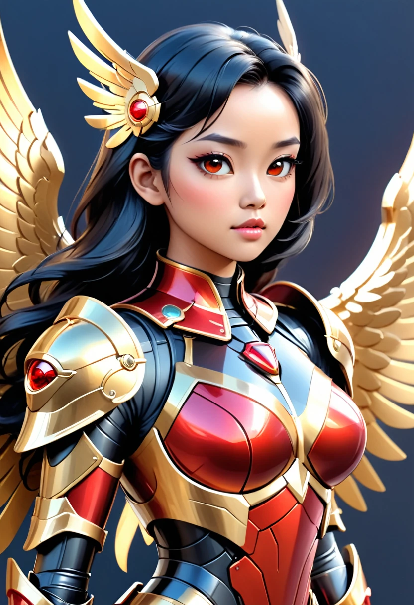 an asian woman in a black and red outfit with wings on her chest, beautiful cyborg angel girl, angel knight girl, angel in plastic armor, futuristic robot angel, angelic golden armor, karol bak uhd, as a mystical valkyrie, artgerm julie bell beeple, artstation masterpiece, digital fantasy art ), 4k highly detailed digital art, mystical valkyrie