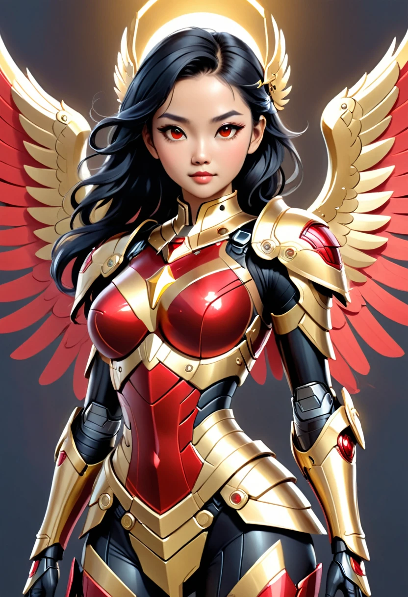 an asian woman in a black and red outfit with wings on her chest, beautiful cyborg angel girl, angel knight girl, angel in plastic armor, futuristic robot angel, angelic golden armor, karol bak uhd, as a mystical valkyrie, artgerm julie bell beeple, artstation masterpiece, digital fantasy art ), 4k highly detailed digital art, mystical valkyrie