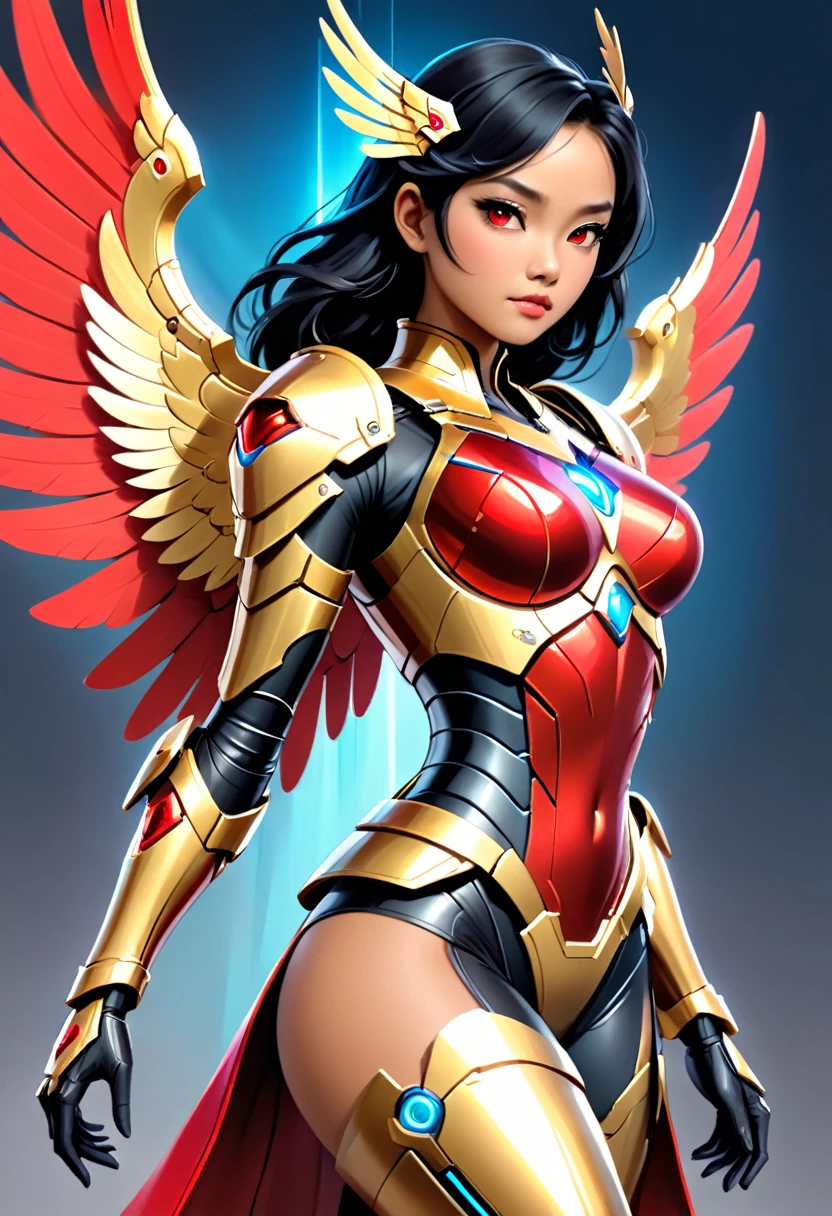 an asian woman in a black and red outfit with wings on her chest, beautiful cyborg angel girl, angel knight girl, angel in plastic armor, futuristic robot angel, angelic golden armor, karol bak uhd, as a mystical valkyrie, artgerm julie bell beeple, artstation masterpiece, digital fantasy art ), 4k highly detailed digital art, mystical valkyrie