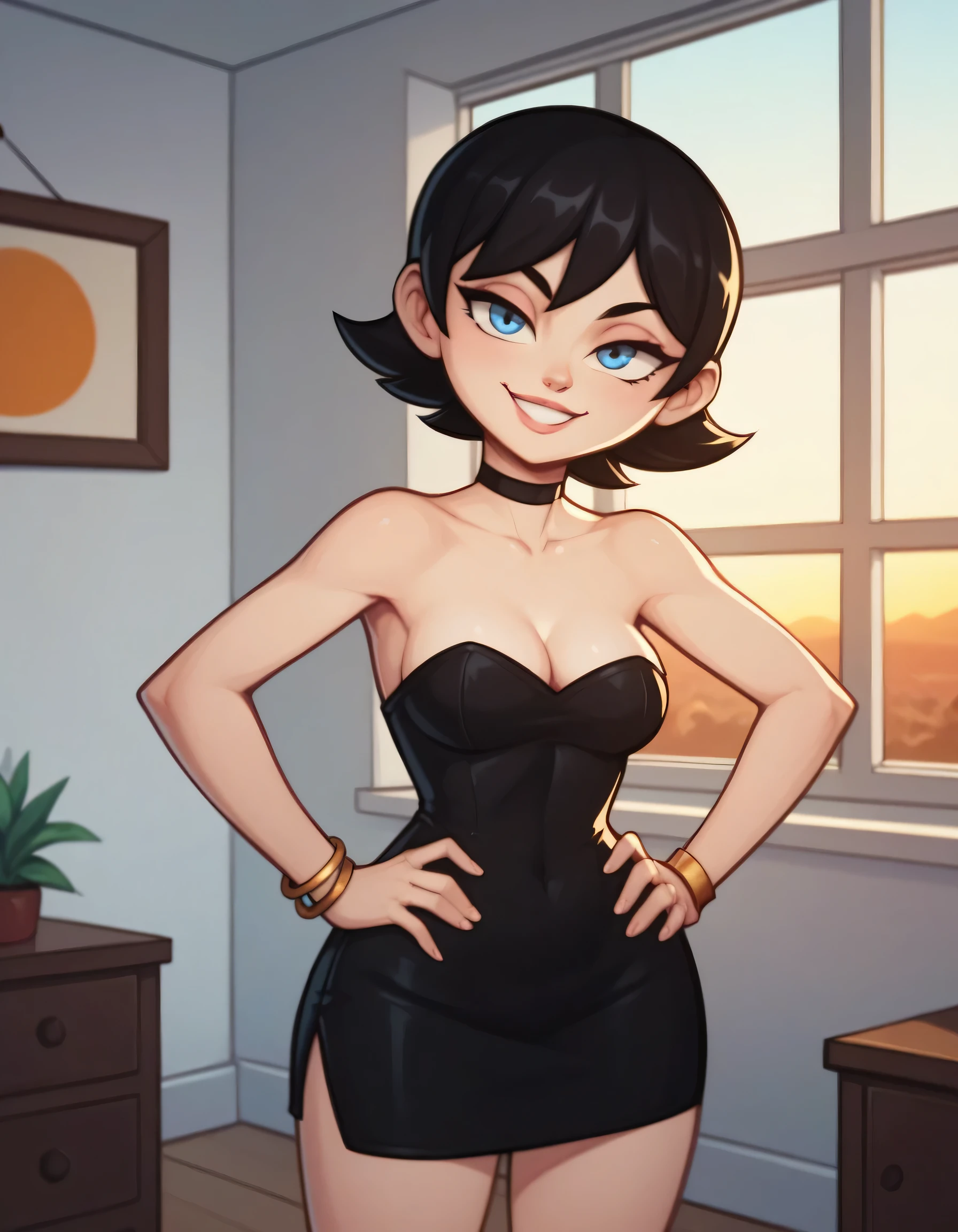 score_9, score_8_up, score_7_up, BREAK, 1girl, ke4n3PPG, short hair, black hair, hair bob, blue eyes, hands on hips, strapless black tube dress, black chocker, gold bracelets, indoor bedroom, a yellow sunset from her window, seductive smile