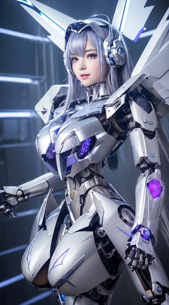 ((Intense action pose:1.6))、((Shining lenses on both breasts:1.3))、((Blue pillars of light are emanating from both chests.:1.3))、smile、((8K)), ((32k)), ((Highest quality)), ((masterpiece)), ((超A high resolution)), ((Tmasterpiece)), ((Halation:1.4))、((Mechaニカルheadgear:1.2))、((Cyber headphones:1.3))、Fine skin, High quality fabric, Fine metal texture、((Beautiful and dense face))、RAW Photos、Professional, Ultra-fine painting, ((alone)), Beautiful breasts、Highest quality, Very detailed, Very detailed詳細, Finer details, so beautiful, ((Princess Knight Robot:1.2)),  (Joints of machines, Mechanical Limbs:1.3), (The internal structure of the machine is exposed:1.3), (Long silver hair:1.1), (Beautiful and huge mechanical breasts)、White Veil, cowboy_shot, Side Focus, headgear, Shiny、(Five Fingers, Four fingers and thumb),Concept Art, Anime fantasy artwork, Detailed fantasy art, (with pale blue-violet hair and large white wings,,,,,,,), (((Long silver hair))), (Mecha:1.6)、Sleek and intimidating design, ((Commander-in-Chief&#39;arm)), (Perfect robot body)、純白と青紫armまたは, Symmetrical wings, 8K high quality, detailed art, 3D rendering of character art in 8K, neat legs, Defined, Defined fingers,