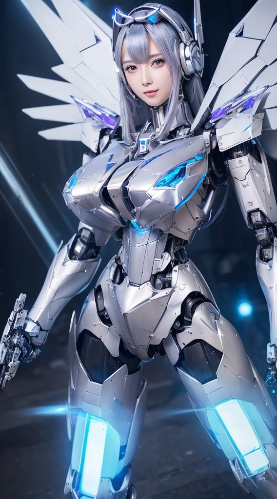 ((Intense action pose:1.6))、((Shining lenses on both breasts:1.3))、((Blue pillars of light are emanating from both chests.:1.3))、smile、((8K)), ((32k)), ((Highest quality)), ((masterpiece)), ((超A high resolution)), ((Tmasterpiece)), ((Halation:1.4))、((Mechaニカルheadgear:1.2))、((Cyber headphones:1.3))、Fine skin, High quality fabric, Fine metal texture、((Beautiful and dense face))、RAW Photos、Professional, Ultra-fine painting, ((alone)), Beautiful breasts、Highest quality, Very detailed, Very detailed詳細, Finer details, so beautiful, ((Princess Knight Robot:1.2)),  (Joints of machines, Mechanical Limbs:1.3), (The internal structure of the machine is exposed:1.3), (Long silver hair:1.1), (Beautiful and huge mechanical breasts)、White Veil, cowboy_shot, Side Focus, headgear, Shiny、(Five Fingers, Four fingers and thumb),Concept Art, Anime fantasy artwork, Detailed fantasy art, (with pale blue-violet hair and large white wings,,,,,,,), (((Long silver hair))), (Mecha:1.6)、Sleek and intimidating design, ((Commander-in-Chief&#39;arm)), (Perfect robot body)、純白と青紫armまたは, Symmetrical wings, 8K high quality, detailed art, 3D rendering of character art in 8K, neat legs, Defined, Defined fingers,