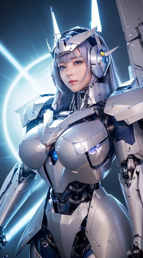 ((Intense action pose:1.6))、((Shining lenses on both breasts:1.3))、((Blue pillars of light are emanating from both chests.:1.3))、smile、((8K)), ((32k)), ((Highest quality)), ((masterpiece)), ((超A high resolution)), ((Tmasterpiece)), ((Halation:1.4))、((Mechaニカルheadgear:1.2))、((Cyber headphones:1.3))、Fine skin, High quality fabric, Fine metal texture、((Beautiful and dense face))、RAW Photos、Professional, Ultra-fine painting, ((alone)), Beautiful breasts、Highest quality, Very detailed, Very detailed詳細, Finer details, so beautiful, ((Princess Knight Robot:1.2)),  (Joints of machines, Mechanical Limbs:1.3), (The internal structure of the machine is exposed:1.3), (Long silver hair:1.1), (Beautiful and huge mechanical breasts)、White Veil, cowboy_shot, Side Focus, headgear, Shiny、(Five Fingers, Four fingers and thumb),Concept Art, Anime fantasy artwork, Detailed fantasy art, (with pale blue-violet hair and large white wings,,,,,,,), (((Long silver hair))), (Mecha:1.6)、Sleek and intimidating design, ((Commander-in-Chief&#39;arm)), (Perfect robot body)、純白と青紫armまたは, Symmetrical wings, 8K high quality, detailed art, 3D rendering of character art in 8K, neat legs, Defined, Defined fingers,