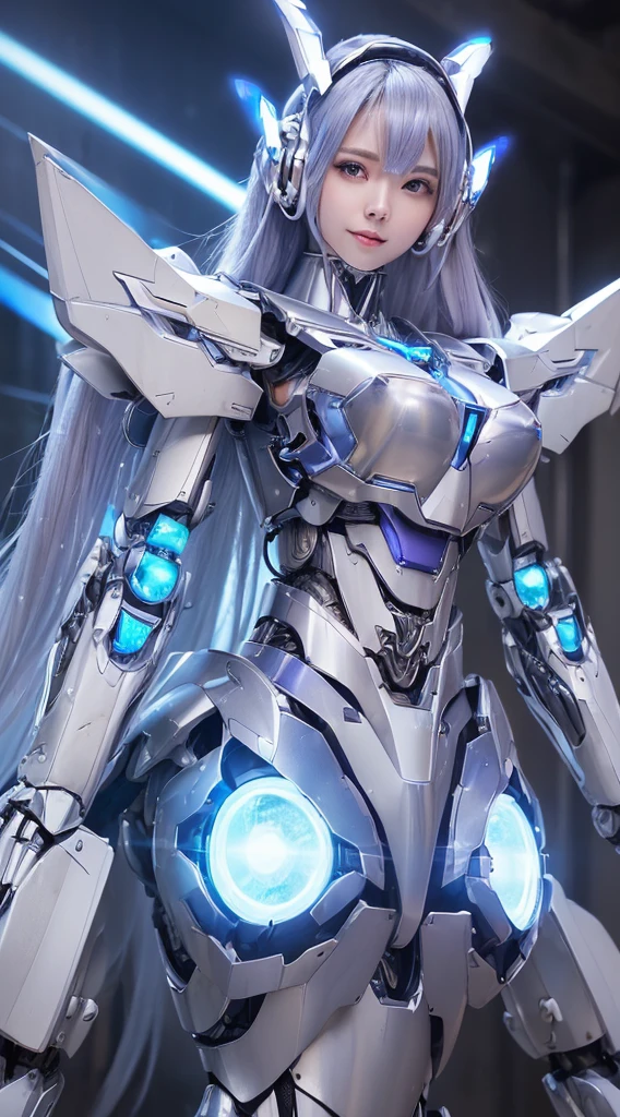 ((Intense action pose:1.6))、((Shining lenses on both breasts:1.3))、((Blue pillars of light are emanating from both chests.:1.3))、smile、((8K)), ((32k)), ((Highest quality)), ((masterpiece)), ((超A high resolution)), ((Tmasterpiece)), ((Halation:1.4))、((Mechaニカルheadgear:1.2))、((Cyber headphones:1.3))、Fine skin, High quality fabric, Fine metal texture、((Beautiful and dense face))、RAW Photos、Professional, Ultra-fine painting, ((alone)), Beautiful breasts、Highest quality, Very detailed, Very detailed詳細, Finer details, so beautiful, ((Princess Knight Robot:1.2)), (Joints of machines, Mechanical Limbs:1.3), (The internal structure of the machine is exposed:1.3), (Long silver hair:1.1), (Beautiful and huge mechanical breasts)、White Veil, cowboy_shot, Side Focus, headgear, Shiny、(Five Fingers, Four fingers and thumb),Concept Art, Anime fantasy artwork, Detailed fantasy art, (with pale blue-violet hair and large white wings,,,,,,,), (((Long silver hair))), (Mecha:1.6)、Sleek and intimidating design, ((Commander-in-Chief'arm)), (Perfect robot body)、純白と青紫armまたは, Symmetrical wings, 8K high quality, detailed art, 3D rendering of character art in 8K, neat legs, Defined, Defined fingers,