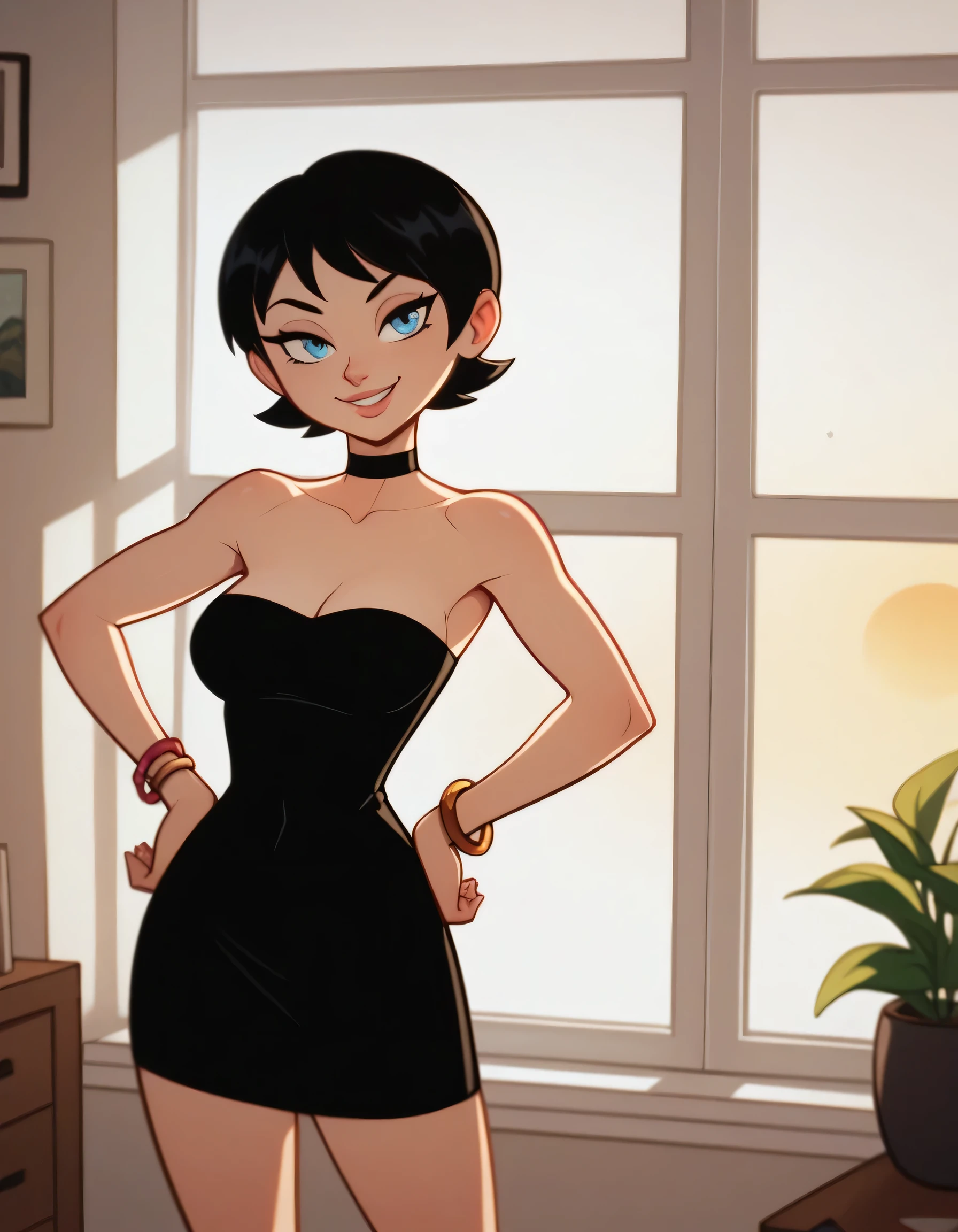 score_9, score_8_up, score_7_up, BREAK, 1girl, ke4n3PPG, short hair, black hair, hair bob, blue eyes, hands on hips, strapless black tube dress, black chocker, gold bracelets, indoor bedroom, a yellow sunset from her window, seductive smile