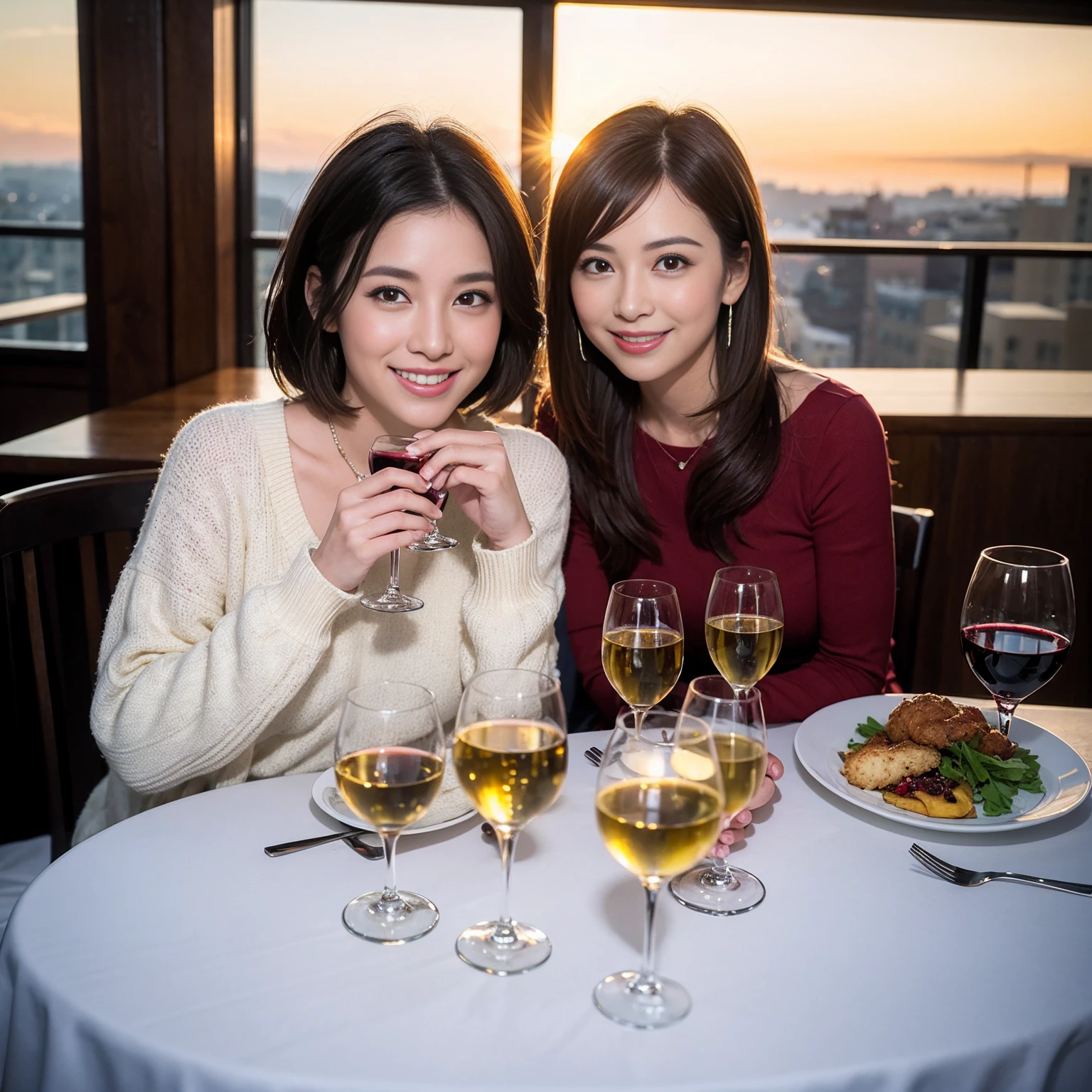 ((Highest quality、8K、masterpiece:1.3))、 (Ultra-realistic、 Genuine、Bright image、Intricate details:1.2), 最高のsmile、1 male 1 female、Beautiful couple、love love love、Lover in Sapporo、Good friends、actress couple、smile、Full-course dinner at a packed table、 (Slim face), (the body is slim), (Brown Hair), (short hair), テーブルのwine glass、Please shine a light on my face、 Amazing view of the sunset sky and clouds、35 years old 39 years old, red wine 、Appetizers、Wine bottle、sparkling wine、Long sleeve shirt、dress、White wine, red wine, wine glass,