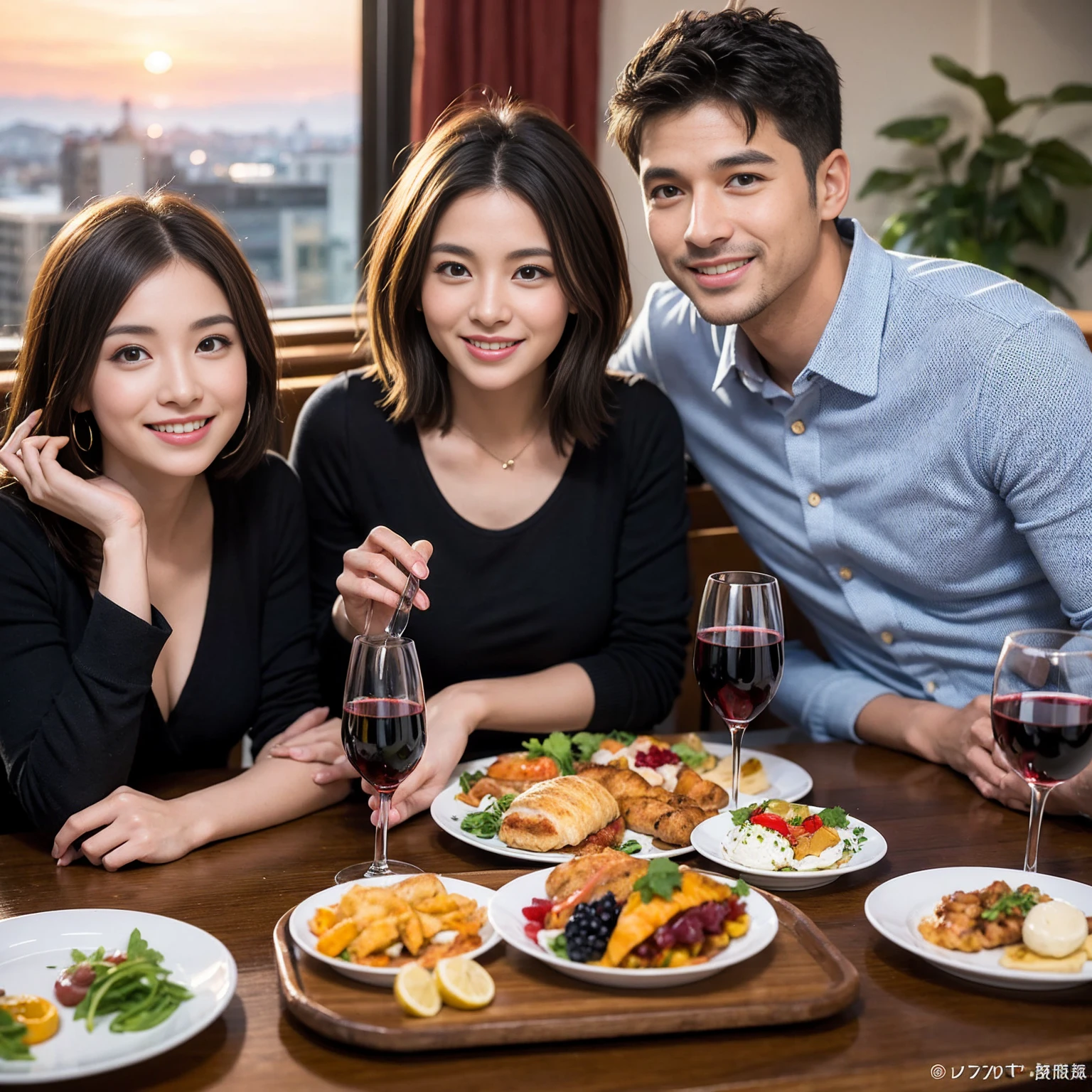 ((Highest quality、8K、masterpiece:1.3))、 (Ultra-realistic、 Genuine、Bright image、Intricate details:1.2), 最高のsmile、1 male 1 female、Beautiful couple、love love love、Lover in Sapporo、Good friends、actress couple、smile、Full-course dinner at a packed table、 (Slim face), (the body is slim), (Brown Hair), (short hair), テーブルのwine glass、Please shine a light on my face、 Amazing view of the sunset sky and clouds、35 years old 39 years old, red wine 、Appetizers、Wine bottle、sparkling wine、Long sleeve shirt、dress、White wine, red wine, wine glass,