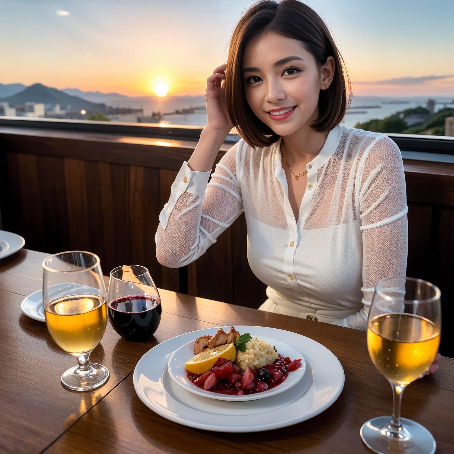 ((Highest quality、8K、masterpiece:1.3))、 (Ultra-realistic、 Genuine、Bright image、Intricate details:1.2), 最高のsmile、1 male 1 female、Beautiful couple、love love love、Lover in Sapporo、Good friends、actress couple、smile、Full-course dinner at a packed table、 (Slim face), (the body is slim), (Brown Hair), (short hair), テーブルのwine glass、Please shine a light on my face、 Amazing view of the sunset sky and clouds、35 years old 39 years old, red wine 、Appetizers、Wine bottle、sparkling wine、Long sleeve shirt、dress、White wine, red wine, wine glass,