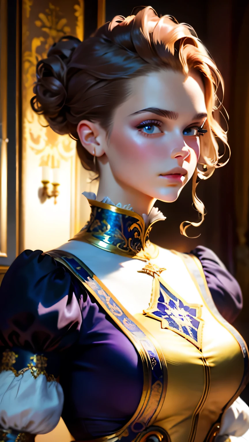 masterpiece, Highest quality, (8K wallpapers incorporating highly detailed CG), (Highest quality), (Best illustrations), (Best Shadow), (Stable Diffusion Model), Violet Evergarden, Sparkling, beautiful, victorian style bedroom, Dynamic Lighting, Written boundary depth、((Upper body portrait))、Upper body portrait