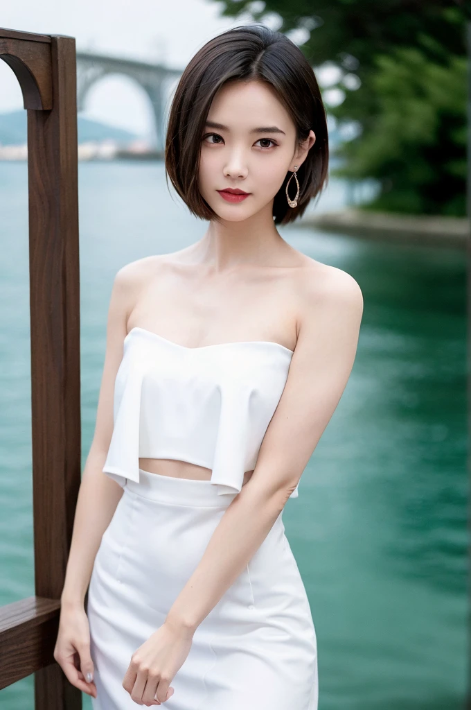 1 Girl, Solitary, Practical, Smile, Head tilt,  White long skirt, Grin, Upper Body,  ( Ocean, bridge,  background:1.5),  (OK:1.5), ulzzang-6500v1.1, (The original: 1.2), (Practical: 1.3) , beautiful girl，Beautiful details, Extremely detailed eyes and face, 眼睛有着Beautiful details, absurd, incredibly absurd, Huge file size, Ultra Detailed, high resolution, Ultra Detaileded, 最OK质量, masterpiece, illustration, Ultra Detaileded and beautiful, Ultra Detaileded, CG, Unite, 8k wallpaper, Astonishing, Fine details, masterpiece, Top quality, Official Art, extremely detailed CG Unite 8k wallpaper, light, (Perfect radiant skin:0.6), Slim and smooth lines, (floating), (Small Breasts:1),  Diamond Earrings, 