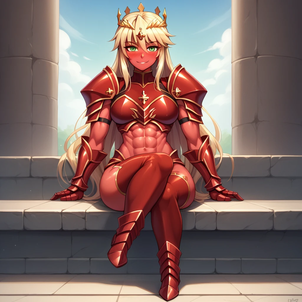 Lancer Artoria, elegant adult female, blonde, green eyes (yellow eyelashes) crown, turtleneck, full body sitting on a bench, showing ass to me, RED breastplate, RED skin (1SologirlRED skin:1.2), looking at viewer, shiny, armor, thigh highs, high boots, pauldrons shoulder armor, faulds, poleyn, RED gloves gauntlets, rerebrace, RED military armored boots, yordle muscular lean platinum blonde long twin tails hairstyle at the bedroom lustful smirking smile face red blushed, blush, strong abs, female body builder, tiara, twin drills hair, (masterpiece, best quality, ultra detailed, best shadow)