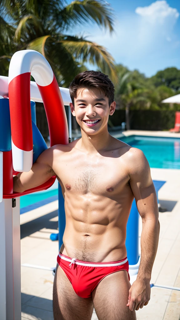 male Age 19 swimwear lifeguard topless smile