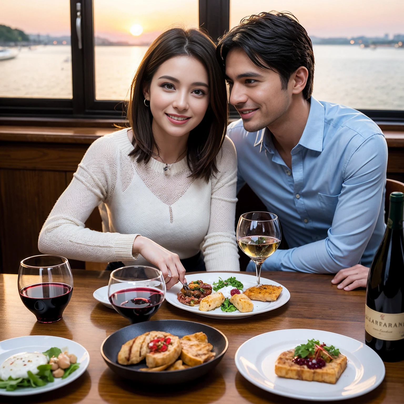 ((Highest quality、8K、masterpiece:1.3))、 (Ultra-realistic、 Genuine、Bright image、Intricate details:1.2), 最高のsmile、1 male 1 female、Beautiful couple、love love love、Lovers in Paris、Good friends、actress couple、smile、Full-course dinner at a packed table、 (Slim face), (the body is slim), (Brown Hair), (short hair), テーブルのwine glass、Please shine a light on my face、 Amazing view of the sunset sky and clouds、35 years old 39 years old, red wine 、Appetizers、Wine bottle、sparkling wine、Long sleeve shirt、dress、White wine, red wine, wine glass,