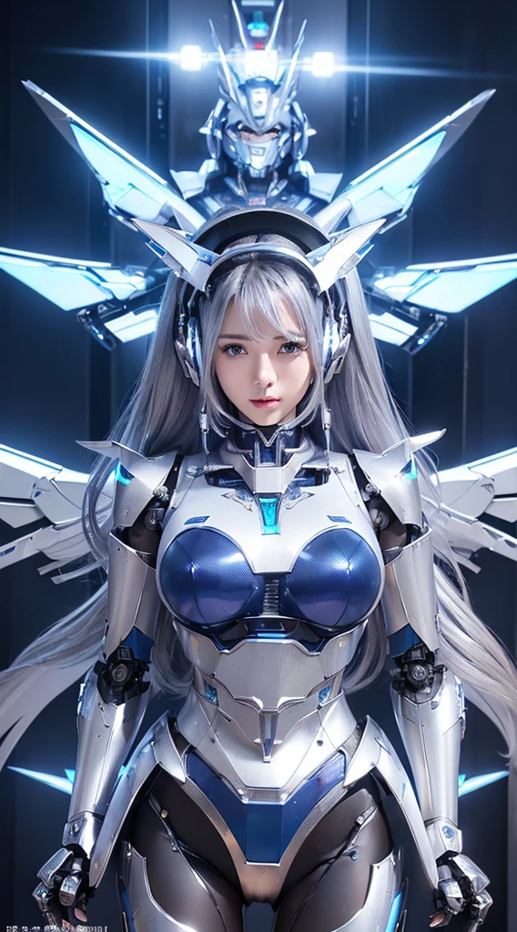 ((Intense action pose:1.6))、((Shining lenses on both breasts:1.3))、((Blue pillars of light are emanating from both chests.:1.3))、smile、((8K)), ((32k)), ((Highest quality)), ((masterpiece)), ((超A high resolution)), ((Tmasterpiece)), ((Halation:1.4))、((Mechaニカルheadgear:1.2))、((Cyber headphones:1.3))、Fine skin, High quality fabric, Fine metal texture、((Beautiful and dense face))、RAW Photos、Professional, Ultra-fine painting, ((alone)), Beautiful breasts、Highest quality, Very detailed, Very detailed詳細, Finer details, so beautiful, ((Princess Knight Robot:1.2)),  (Joints of machines, Mechanical Limbs:1.3), (The internal structure of the machine is exposed:1.3), (Long silver hair:1.1), (Beautiful and huge mechanical breasts)、White Veil, cowboy_shot, Side Focus, headgear, Shiny、(Five Fingers, Four fingers and thumb),Concept Art, Anime fantasy artwork, Detailed fantasy art, (with pale blue-violet hair and large white wings,,,,,,,), (((Long silver hair))), (Mecha:1.6)、Sleek and intimidating design, ((Commander-in-Chief&#39;arm)), (Perfect robot body)、純白と青紫armまたは, Symmetrical wings, 8K high quality, detailed art, 3D rendering of character art in 8K, neat legs, Defined, Defined fingers,