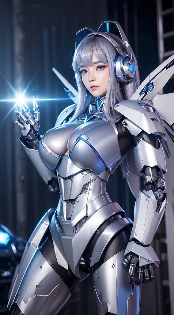 ((Intense action pose:1.6))、((Shining lenses on both breasts:1.3))、((Blue pillars of light are emanating from both chests.:1.3))、smile、((8K)), ((32k)), ((Highest quality)), ((masterpiece)), ((超A high resolution)), ((Tmasterpiece)), ((Halation:1.4))、((Mechaニカルheadgear:1.2))、((Cyber headphones:1.3))、Fine skin, High quality fabric, Fine metal texture、((Beautiful and dense face))、RAW Photos、Professional, Ultra-fine painting, ((alone)), Beautiful breasts、Highest quality, Very detailed, Very detailed詳細, Finer details, so beautiful, ((Princess Knight Robot:1.2)),  (Joints of machines, Mechanical Limbs:1.3), (The internal structure of the machine is exposed:1.3), (Long silver hair:1.1), (Beautiful and huge mechanical breasts)、White Veil, cowboy_shot, Side Focus, headgear, Shiny、(Five Fingers, Four fingers and thumb),Concept Art, Anime fantasy artwork, Detailed fantasy art, (with pale blue-violet hair and large white wings,,,,,,,), (((Long silver hair))), (Mecha:1.6)、Sleek and intimidating design, ((Commander-in-Chief&#39;arm)), (Perfect robot body)、純白と青紫armまたは, Symmetrical wings, 8K high quality, detailed art, 3D rendering of character art in 8K, neat legs, Defined, Defined fingers,