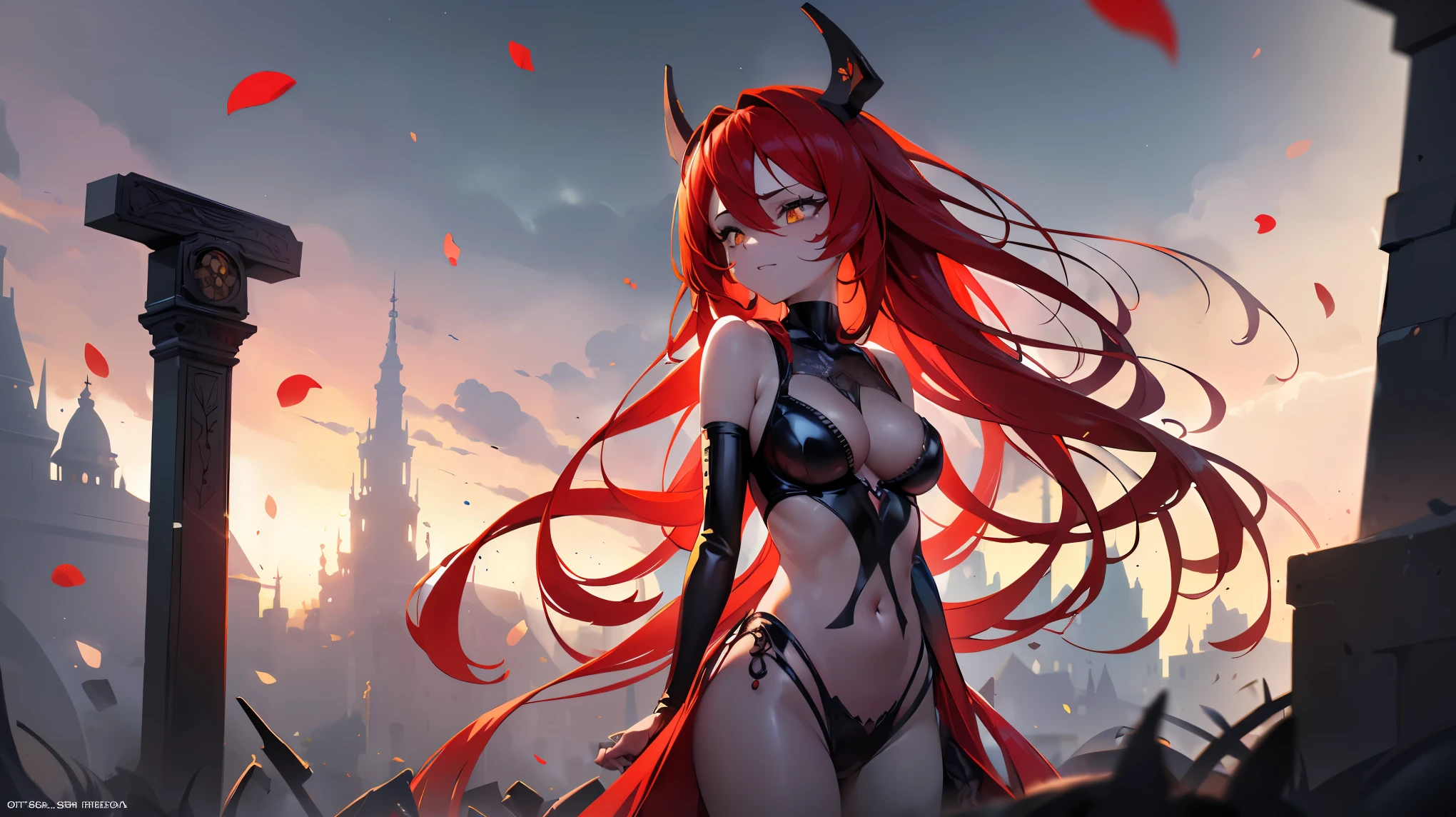 ((((Obra maestra, La mejor calidad, ultrahigh resolution)))), 1girl, standing,), ((long pure red hair, hair over eye)), long hair cut, shiny skin, ((golden eyes)), glowing_eyes, neon eyes, (ultra detailed eyes:0.7, beautiful and detailed face, detailed eyes:0.9), ((centered)), smirk, facing viewer, ((vibrant background, dark lighting, summer, sunlight)), large chested, looking at viewer, ((half closed eyes)), ((perfect hands)), (((head:1, arms,  in view, elbows, in view))), ((hands behind back)), empty eyes, beautiful lighting, ((outside, outdoors)), defined subject, head tilt, (((gritty)), ((creepy)), ((cool)), ((beautiful)), (((SFW))), horns, hair ornament, petals in the air, moon in the sky