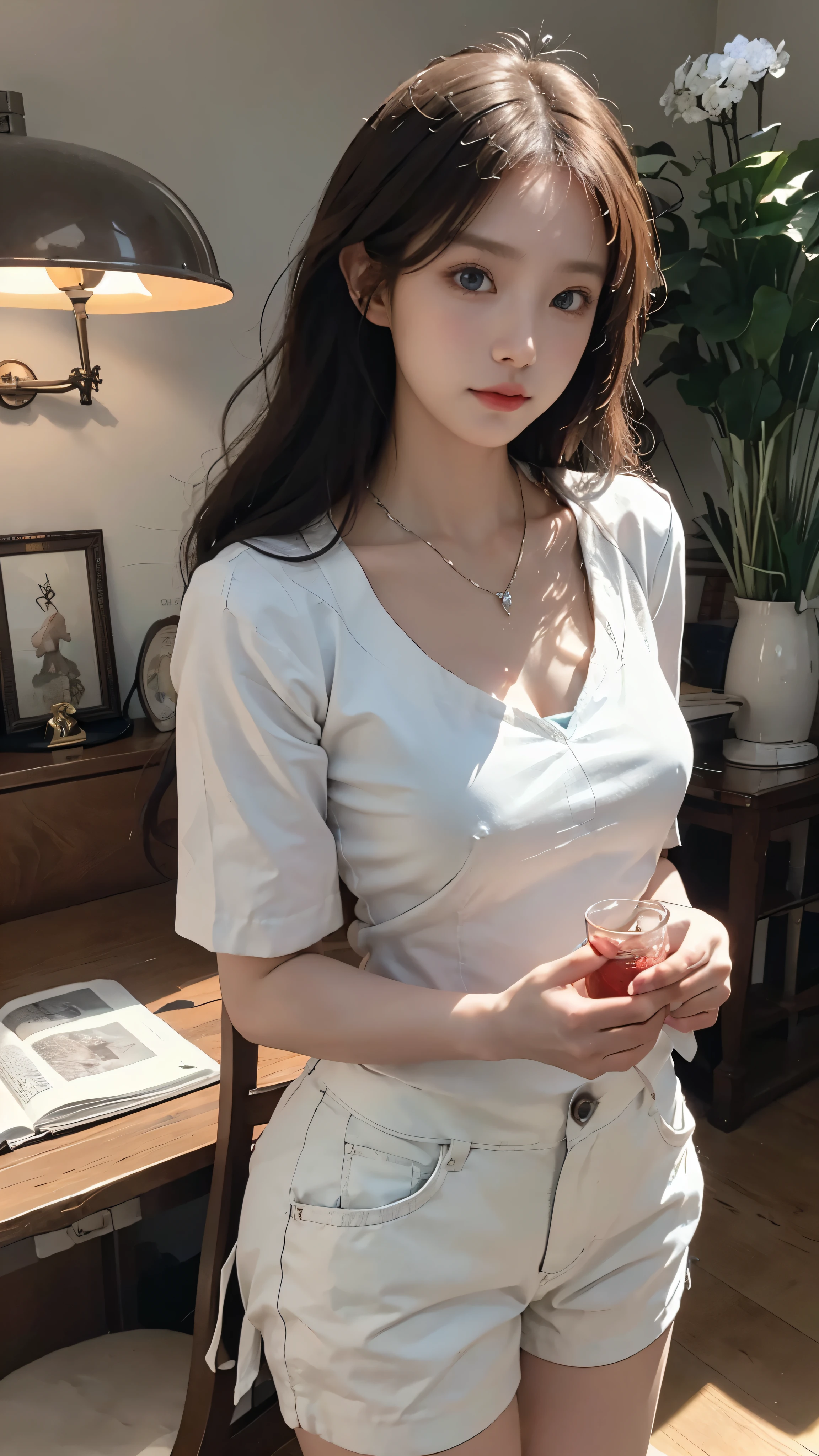 (masterpiece、Highest quality、4k wallpaper)、(night、June scenery、High resolution)、驚くほど美しいwoman、(long、Wavy brown hair)、(Medium Breasted、blue eyes)、White shirt、(hot pants、Neon red heart necklace included)、Look directly at your audience、(Colorful Hydrangea、Surroundings)、Intimate mood、evening、(Dynamic Lighting、High Quality Shadows)、(1人のwoman、woman:1)、(woman、Captivating appearance)、Backlight、Plummeted neckline、