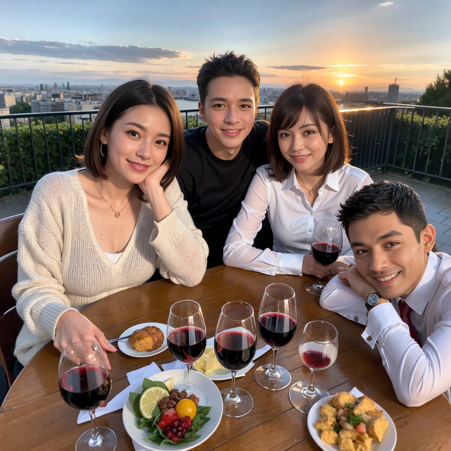 ((Highest quality、8K、masterpiece:1.3))、 (Ultra-realistic、 Genuine、Bright image、Intricate details:1.2), 最高のsmile、1 male 1 female、Beautiful couple、love love love、Lovers in Paris、Good friends、actress couple、smile、Full-course dinner at a packed table、 (Slim face), (the body is slim), (Brown Hair), (short hair), テーブルのwine glass、Please shine a light on my face、 Amazing view of the sunset sky and clouds、35 years old 39 years old, red wine 、Appetizers、Wine bottle、sparkling wine、Long sleeve shirt、dress、White wine, red wine, wine glass, 