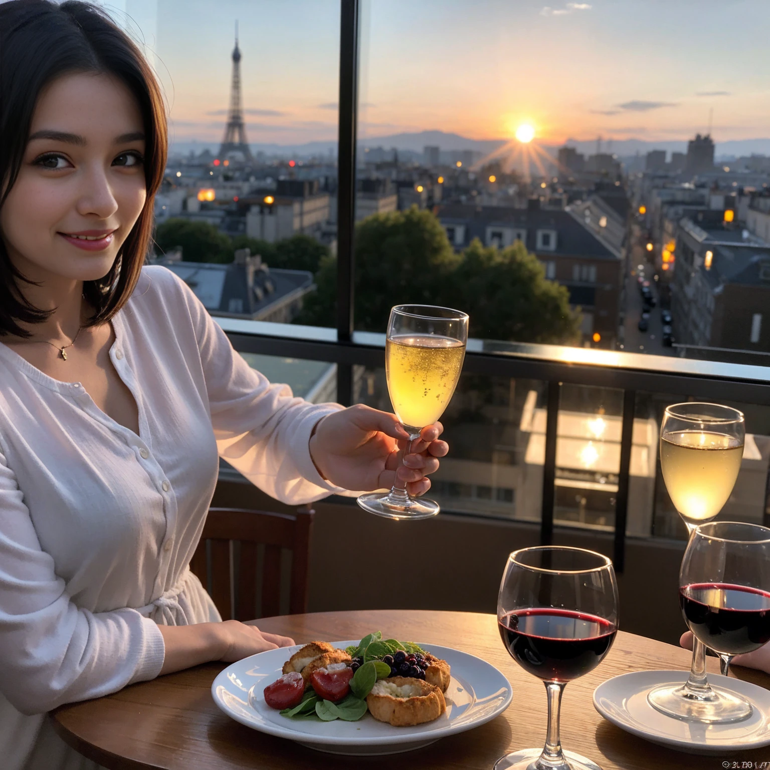 ((Highest quality、8K、masterpiece:1.3))、 (Ultra-realistic、 Genuine、Bright image、Intricate details:1.2), 最高のsmile、1 male 1 female、Beautiful couple、love love love、Lovers in Paris、Good friends、actress couple、smile、Full-course dinner at a packed table、 (Slim face), (the body is slim), (Brown Hair), (short hair), テーブルのwine glass、Please shine a light on my face、 Amazing view of the sunset sky and clouds、35 years old 39 years old, red wine 、Appetizers、Wine bottle、sparkling wine、Long sleeve shirt、dress、White wine, red wine, wine glass,