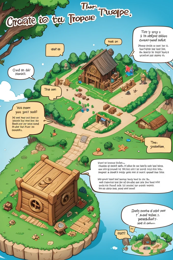 Create a treasure map in cartoon format, with 7 speech bubbles next to the items. Ultra-detailed