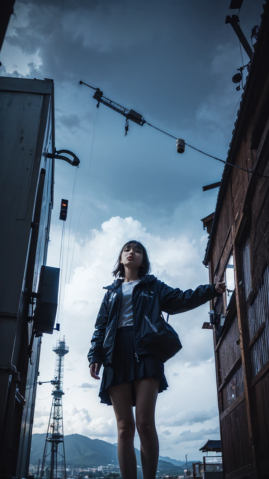 ((crane))、Rainy Sky、((1girl)),from below