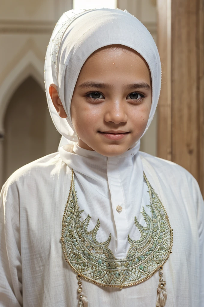 A boy, white Muslim clothing, mosque, happy, perfect quality, clear focus (clutter - home: 0.8), (masterpiece: 1.2) (realistic: 1.2) (bokeh) (best quality) (detailed skin: 1.3) (intricate details) (8K) (detail eyes) (sharp focus), (happy)