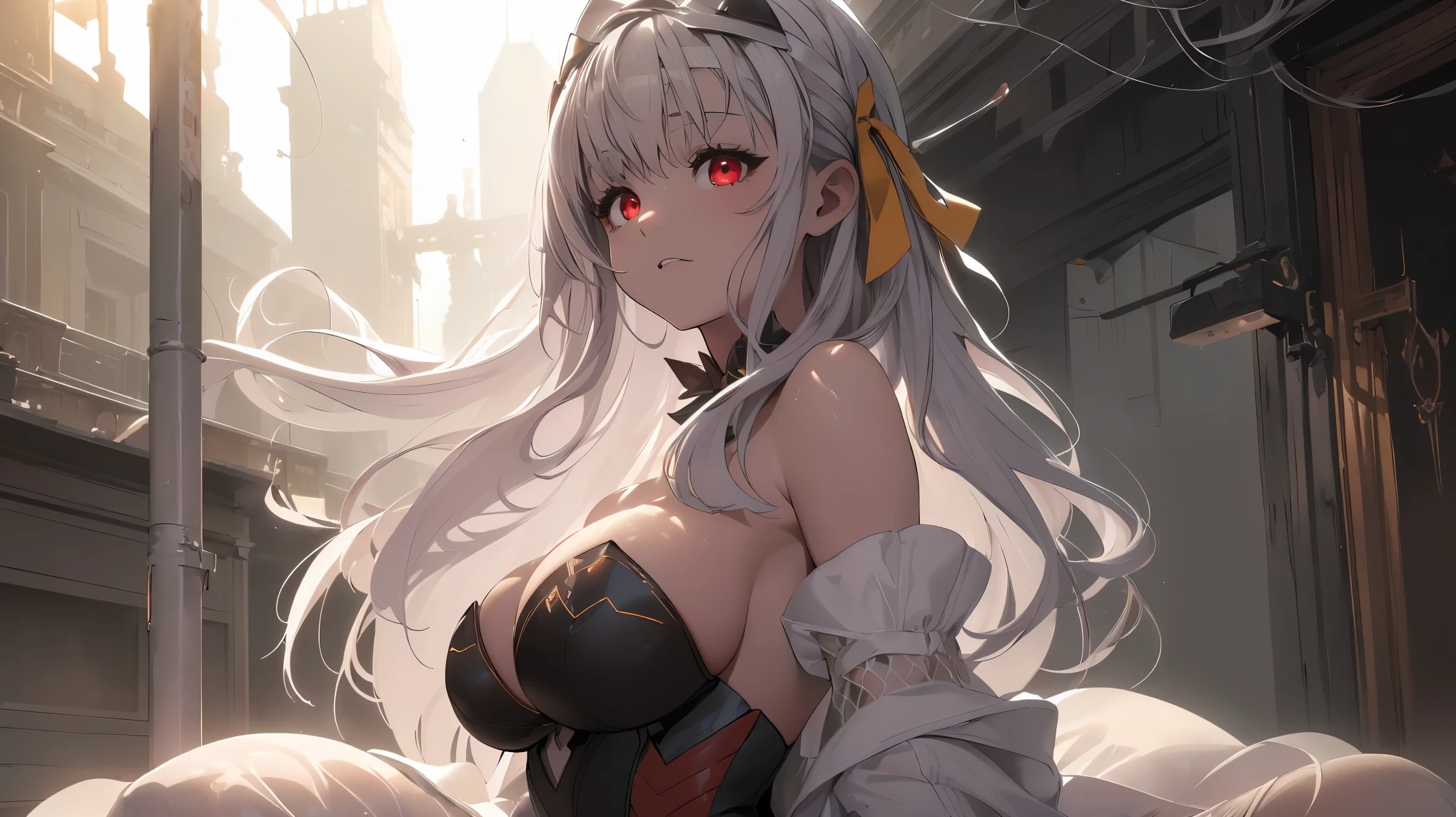 ((((Obra maestra, La mejor calidad, ultrahigh resolution)))), 1girl, standing, (cute maid costume), ((long pure silver hair and grey mesh hair, hair over eye)), long hair cut, pale skin, ((red eyes)), glowing_eyes, neon eyes, (ultra detailed eyes:0.7, beautiful and detailed face, detailed eyes:0.9), ((centered)), smile, ((wide shot)), facing viewer, ((vibrant background, bright lighting, summer, sunlight)), , looking at viewer, ((half closed eyes)), ((perfect hands)), (((head:1, arms,  in view, elbows, arms, legs, in view))), ((hands behind back)), empty eyes, beautiful lighting, ((outside, outdoors)), defined subject, head tilt, (((gritty)), ((creepy)), ((cool)), ((beautiful)), (((SFW)))