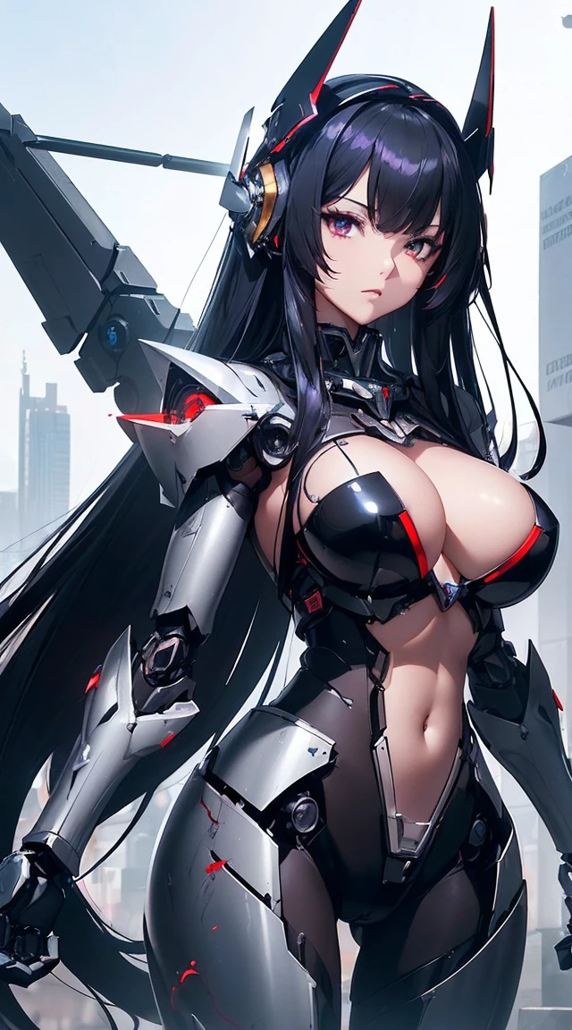 ((Shining lenses on both breasts:1.3))、((Pillars of red light radiate from both chests..:1.3))、((Attack pose:1.6))、((He has a red sword and a long rifle:1.6))、((Battle Scenes:1.8))、((8K)), ((32k)), ((Highest quality)), ((masterpiece)), ((超A high resolution)), ((Tmasterpiece)), ((Halation:1.4))、((Mechaニカルheadgear:1.2))、((Cyber headphones:1.3))Fine skin, High quality fabric, High-quality metal texture、((Beautiful and dense face))、RAW Photos、Professional, Ultra-fine painting, ((alone)), Beautiful breasts、Highest quality, Very detailed, Very detailed詳細, Finer details, so beautiful, ((Black Knight Robot:1.2)),  (Joint of the machine, Mechanical Limbs:1.3), (The internal structure of the machine is exposed:1.3), (Long black hair:1.1), (Beautiful and huge mechanical breasts)、White Veil, cowboy_shot, Side Focus, headgear, Shiny、(Five Fingers, Four fingers and thumb),Concept Art, Anime fantasy artwork, Detailed fantasy art, (Has light blue-purple hair and black wings,,,,,,), (((Long black hair))), (Mecha:1.6)、Sleek and intimidating design,  (Jet black perfect robot body)、Jet black and reddish purple arms, Symmetrical wings, 8K High Resolution, Detailed Art, 3D rendering of character art in 8K, neat legs, Defined, Defined fingers,((headshot:1.6))