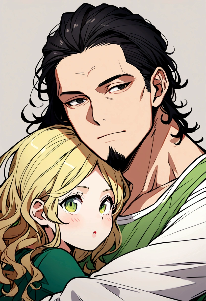 40 years old man, long and slightly curly black hair to shoulder length, dull black eyes, goatee, green tank top, white shirt inside. drawing of blonde girl