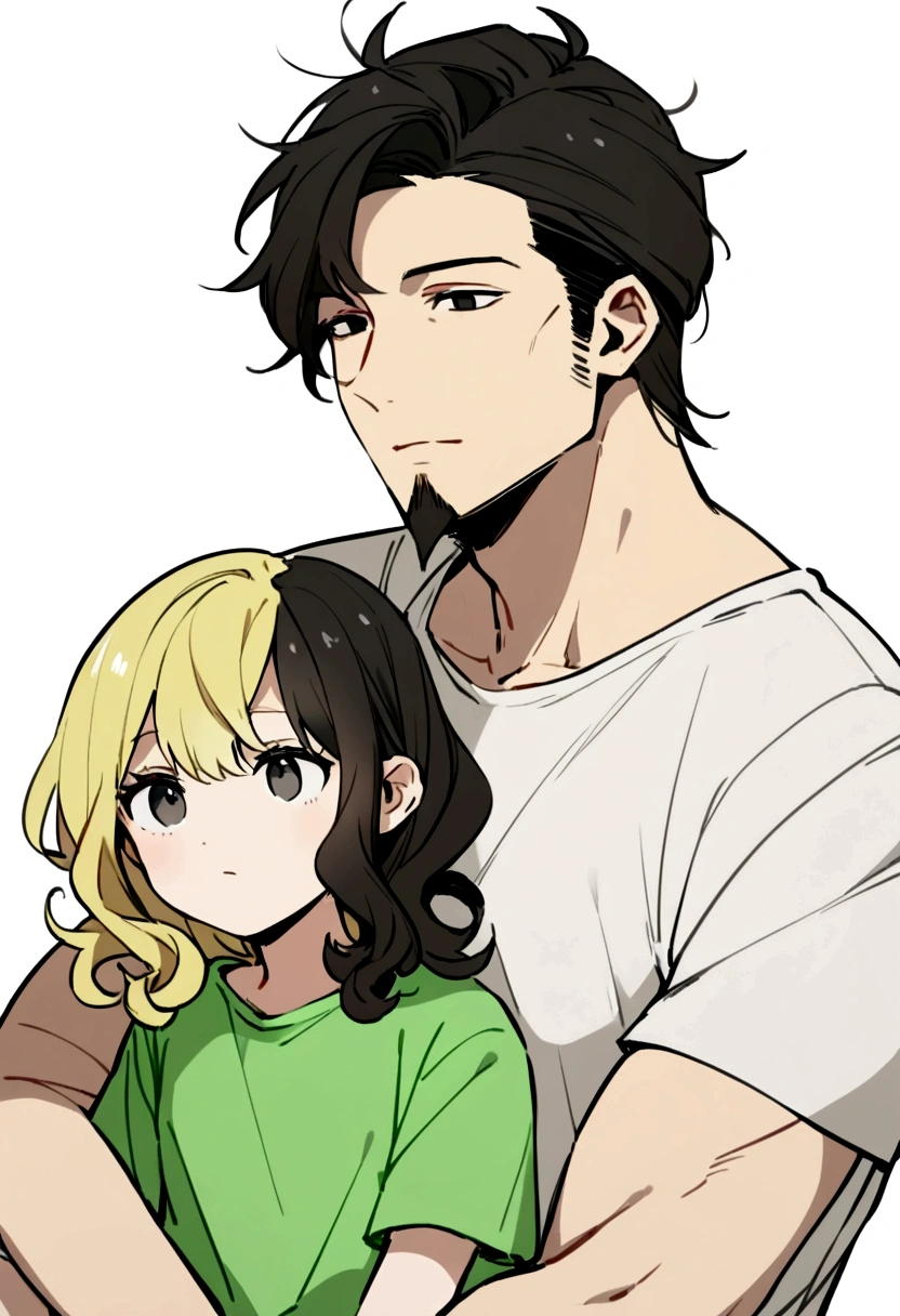 40 years old man, long and slightly curly black hair to shoulder length, dull black eyes, goatee, green tank top, white shirt inside. drawing of blonde girl