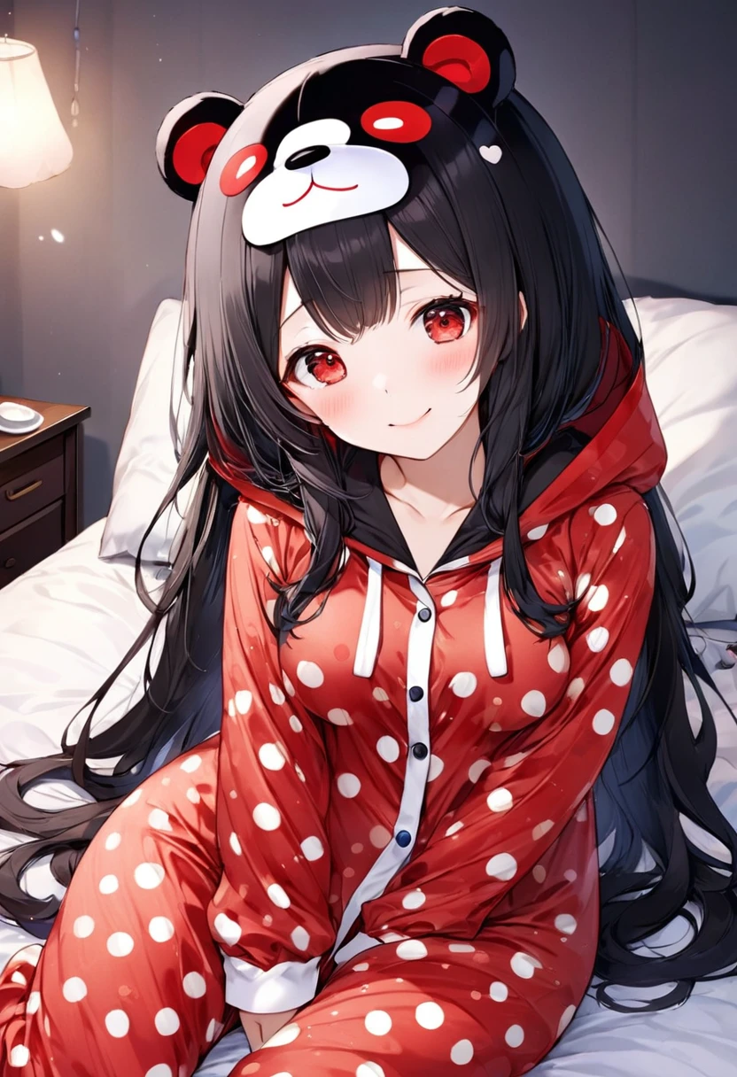 (Kigurumi pajamas style) (18 yo, solo straight:1.2 black hair long hair cute dominance girl, sexy red eyes, love smile, big tits), (in a Kumamon:1.5 hooded, kumamon kigurumi pajamas), break, in the lovely bedroom of night, BREAK, masterpiece, best quality, 16k, beautiful detailed night, daydreaming expression.