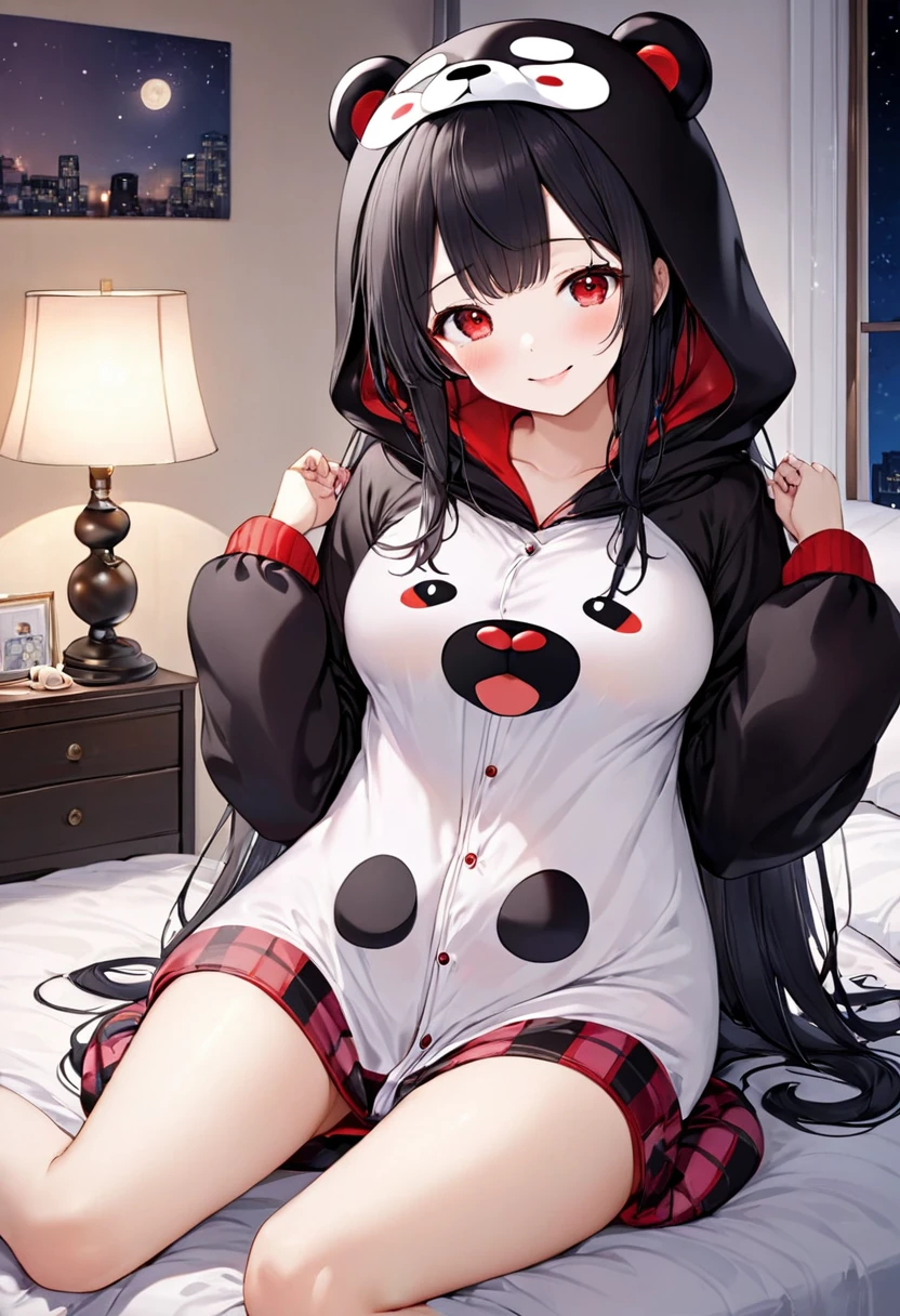 (Kigurumi pajamas style) (18 yo, solo straight:1.2 black hair long hair cute dominance girl, sexy red eyes, love smile, big tits), (in a Kumamon:1.5 hooded, kumamon kigurumi pajamas), break, in the lovely bedroom of night, BREAK, masterpiece, best quality, 16k, beautiful detailed night, daydreaming expression.