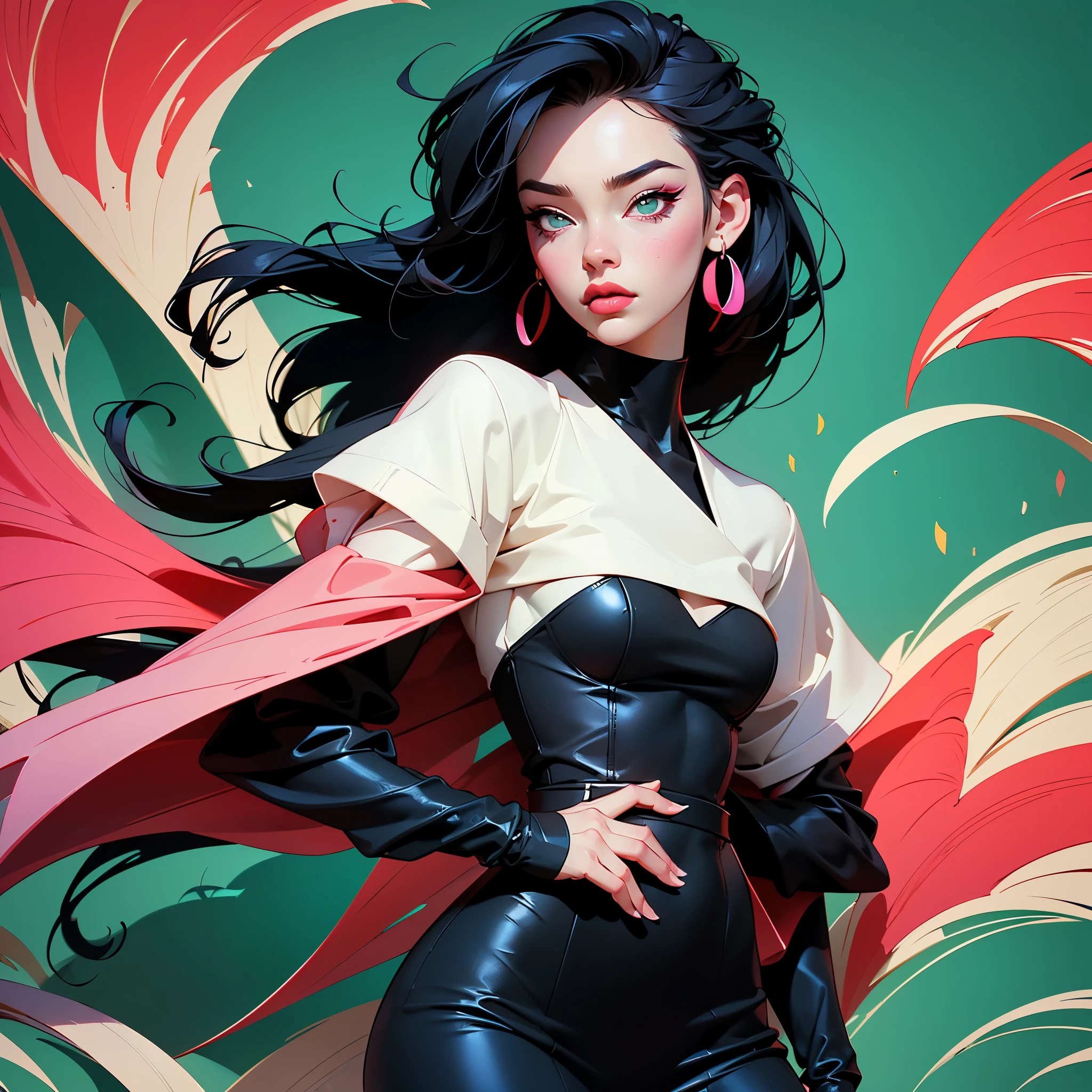 woman in a dress standing in front of simple background, up close, ((Art style by Patrick Nagel)), ((8k, wallpaper, detailed)), dark sunglasses, korean pop-star, black hair, pretty hands, fringe, simple red background, palm trees, (graffiti wall:1.2), strong, courageous, art by Patrick Nagel, album art cover
