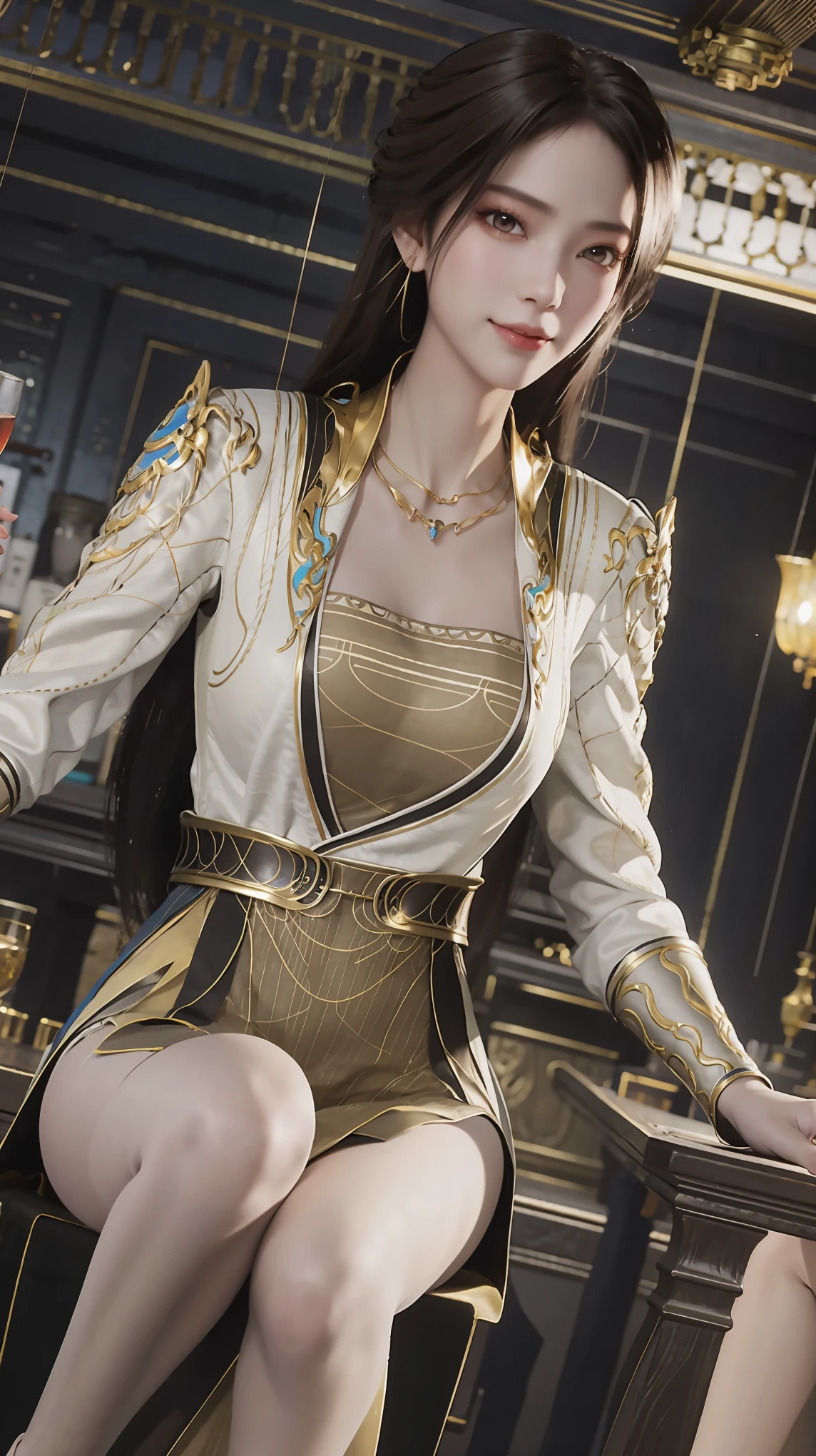 ((Shot in the knee)), ((From below)),A young girl, Wearing a skirt,At the bar, sit on the chair, Cross your legs, Posing elegantly, Detailed scenario, Messy long hair, Brown hair, Light makeup, Blush Blush, Beautiful slender legs, (Very high color saturation), details, Ultra Detailed, (masterpiece, Best quality), (Extremely exquisite and beautiful work), Delicate earrings, Exquisite necklace, Simple blur background, Extremely detailed description, Super Fine, Delicate face, slim body, Thin waist, (Grin), (Anatomically correct),whole body,barefoot