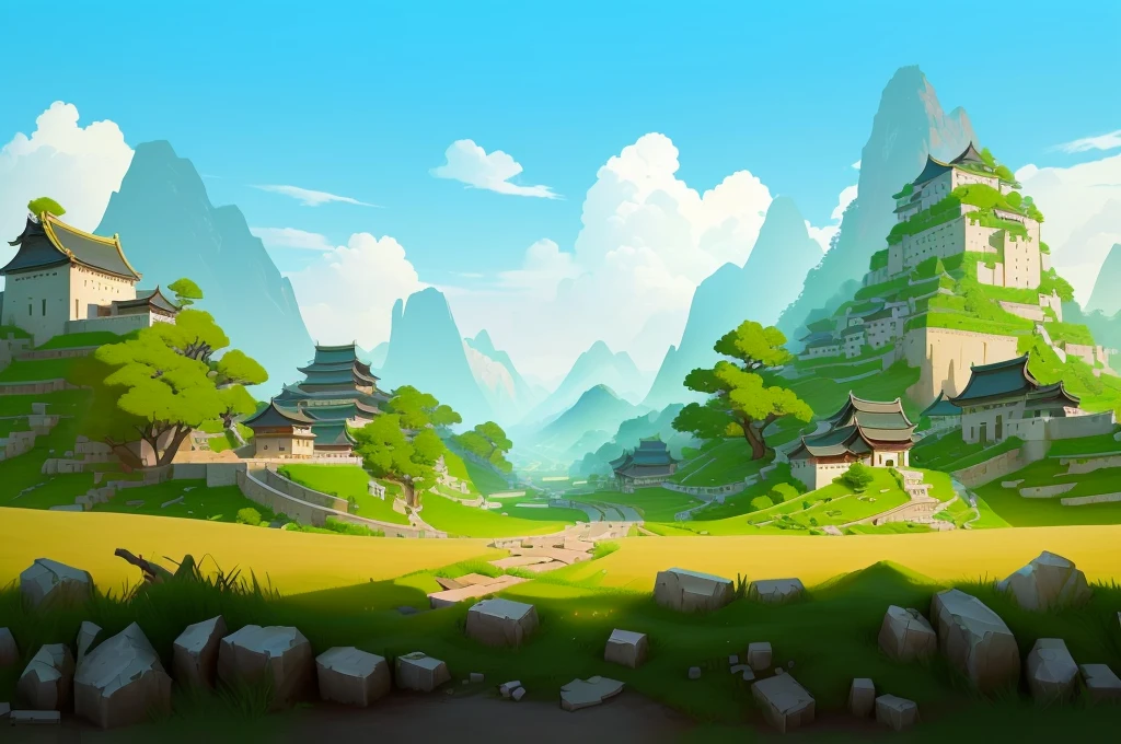 写实风格Game Background，Ancient Chinese buildings in the distance，Close-up of stone brick road， Realistic background technology, Background technology, Game Background, Landscape background, mobile Game Background, RPG Landscape, Game Background, Distant village background, videoGame Background, Landscape background, 3D game environment design, beautiful Landscape background, natural Landscape background, Landscape Game Concept Art, 角色扮演Game Background，cubism, Verism