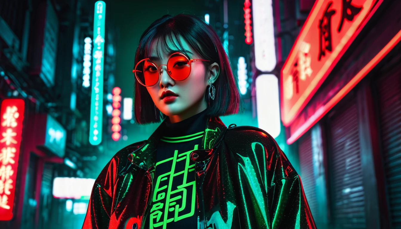 Dark night cyberpunk background，Neon，,Standing，Red and dark green national trend style，woman，Chinese clothing，手持Neon，With round black glasses，Face details at its all，Wide-angle shooting，High Definition Rendering