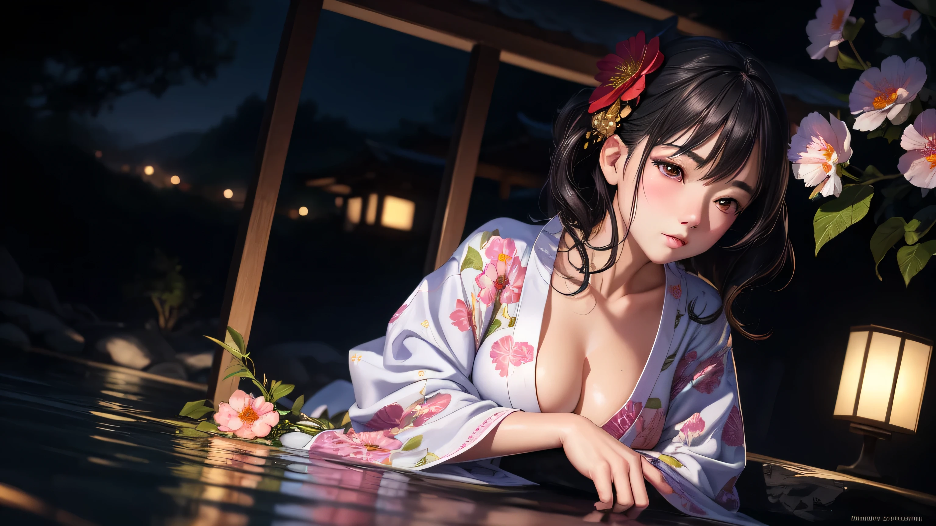 realistic, 1girl, full body, glowing eyes, (unbuttoned flower yukata), parted lips, blush, night, flowers, moonlight, sitting on the edge of the hot spring, hyper-detailed, high quality, 8k, photorealistic, professional digital painting, dramatic lighting, vibrant colors, intricate details, beautiful face, naughty pose, serene atmosphere, natural environment, ethereal, dreamy