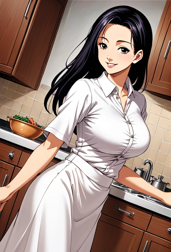 Anime, (Kyoko Otonashi cooking in a naked), kyoko, 1 girl, alone, 21 years old, gesturing in a sexy genital pose , full body of a woman, perfect figure, shiny skin, looking at her viewer, mouth closed, (innocent_big_eyes:1.0), light_smile, blushing, ecstatic expression, erotic, seductive, attractive, straight long hair, bangs, glossy black hair, blue eyes, well-shaped eyelashes, perfecteyes eyes, (Plump slender body of a mature woman, clavicle, beautiful big breasts, beautiful butt, beautiful long legs), perfect arms, perfect hands, perfect fingers, perfect anatomy, yellow apron, steamy, steamy, kitchen, looking at the viewer, perfect quality, good quality, masterpiece, HDR, UHD,