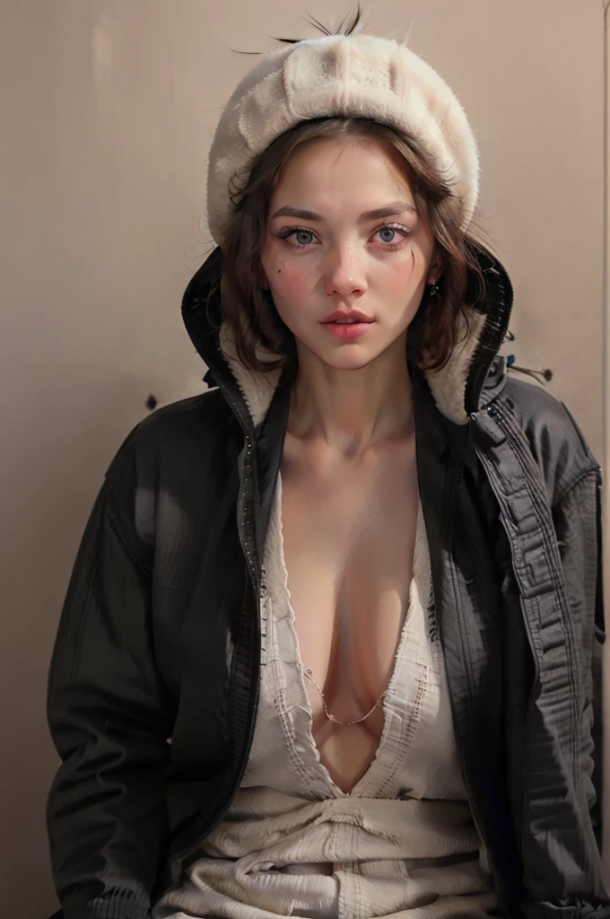 eliza1,1girl, solo, (realistic),(hyperrealism),(best quality),(masterpiece),(ultra high res),(photorealistic),(film grain),(upper body), eye makeup,detailed eyes,detailed face,black jacket, posing for a photo, outside winter, giant , tall girl, 25 years old, strong girl 