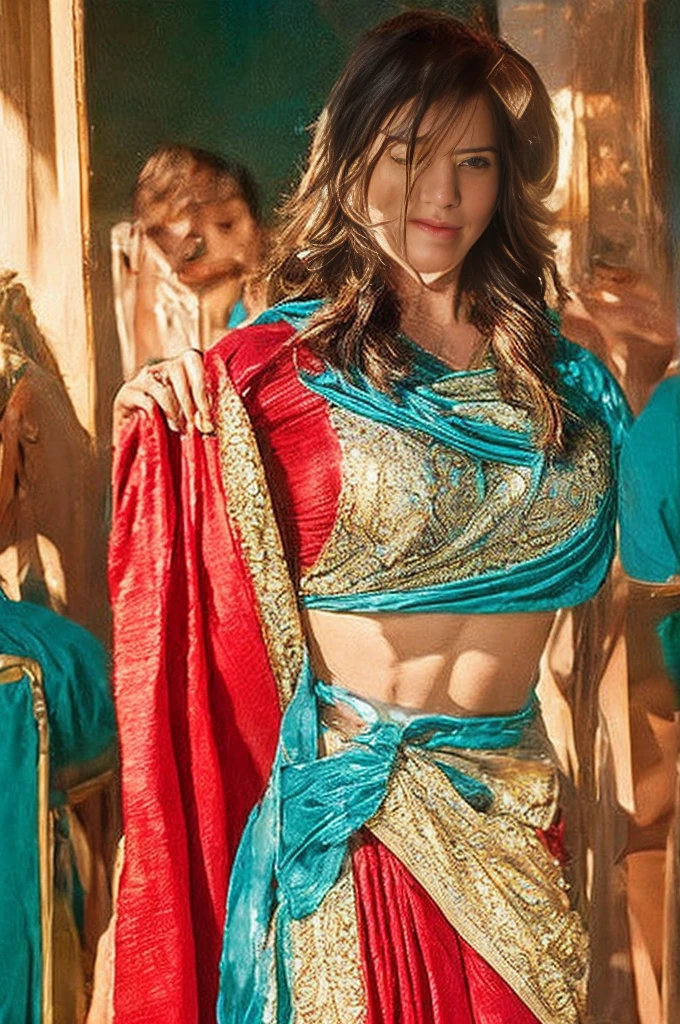 Nsfw, castle background, exotic girl, indian, vivacious, shining skin, perfect lighting, red saree, dogy pose