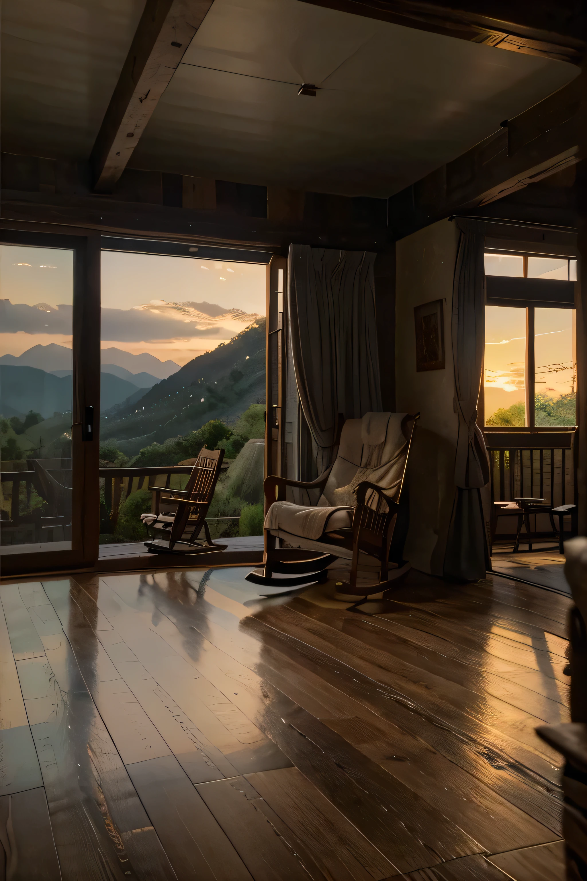 Create for me a masterpiece of tranquil rural beauty, The last rays of daylight contrast with the rugged outlines of the distant mountains, Paint with amber and amethyst. An imposing farmhouse nestled amidst a rolling landscape, Its dilapidated exterior, With large balcony,Let the weary travellers linger a little longer. Light and shadows dance across the wide wooden floor, Adds a mysterious atmosphere to the tranquil scene.
In this pristine hidden place, A lone figure sits in a worn rocking chair adorning a large porch, Your figure is clearly visible in the dim light,Like a stroke on the canvas at dusk. Falling into silent reverie, They sway gently to the rhythm of the evening breeze, Their eyes are attracted by the ever-changing pictures before them..
The whole house bears witness to a bygone era, Every worn board and creaking beam whispers stories of past generations.. Let this be a portrait of tranquility and solitude, The gentle rocking of the rocking chair and the timeless beauty of the surrounding scenery mark the passage of time.
