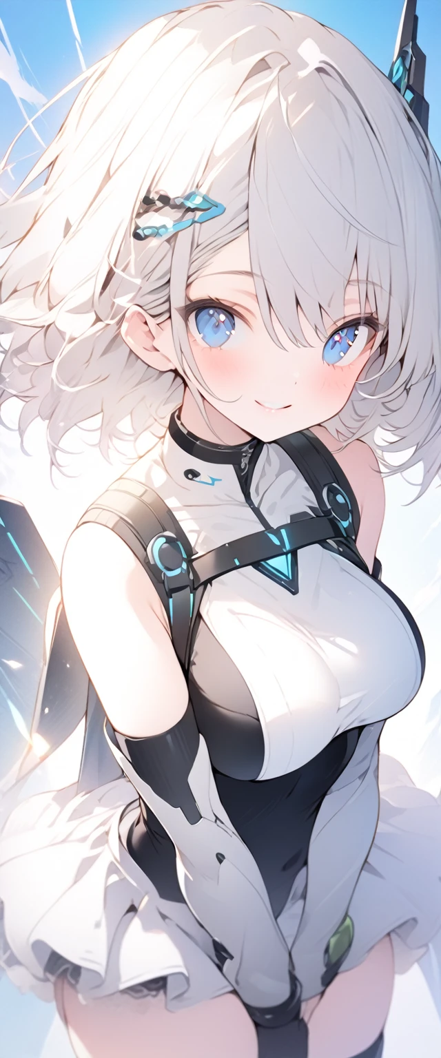 beautiful, masterpiece, Highest quality, anime, One girl, C Cup,Portrait Shot, View your viewers, Covered、Short Hair、nearby、Blue Eyes、art、、White hair,Blue streaked hair、wallpaper、hairpin、Cute smile、Thighs、、Sci-fi hair accessories、Sci-fi knee-high boots、Cute、Sci-fi underskirt、Sci-fi combat uniform、blue sky、Beautiful breasts、Sci-fi full harness