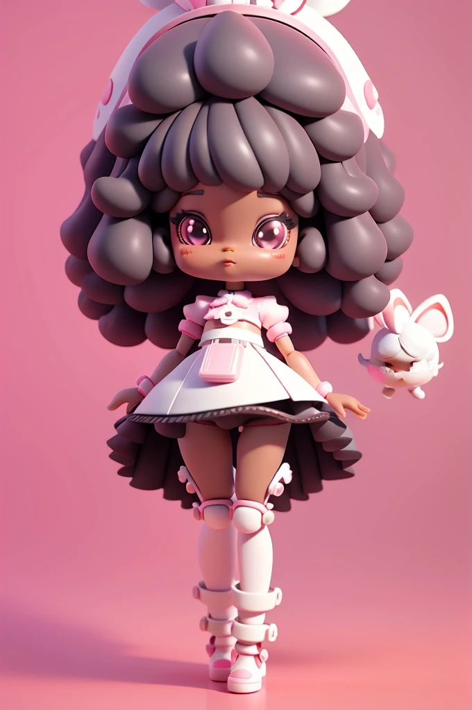  (full body);Create a series of cute black afro dolls chibi style afro skin  style; 3d; cute; 3d toy art; toy art; anime style; glitter; color pink; color white;  details; cyberpunk details; robot limbs;
