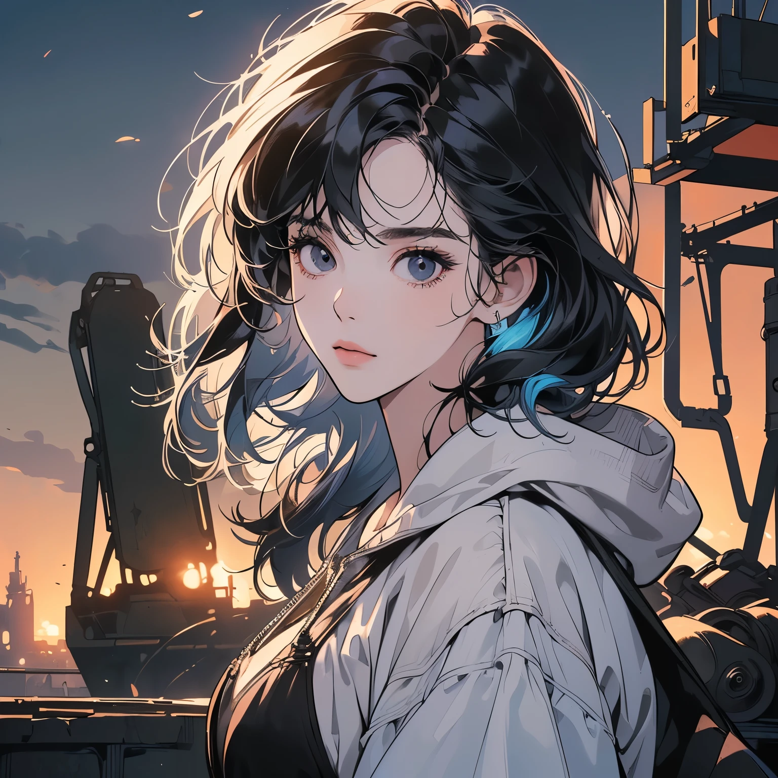 (((one only woman))), (((perfect face))), 14k, (((ultra detailed background))), (((top quality))),upper body, head shot, ultra detailed hair, mysterious, (((pale lighting))),(((night view))),ultra Detailed white hoodie, (((Various unique hairstyles))), ultra beautiful women, goddess,(((Detailed face))), (((Various poses))), (((Various angles))), (((wind is blowing))), (((Inside a dilapidated factory))), grass growing, moonlight,(((Various hair colors))),(((ultra Detailed sperkling black eyes))),(((Broken heavy equipment))),(((Light on the face.))),Rusty cranes, rusty trucks,black hair,looking at viewer,short hair