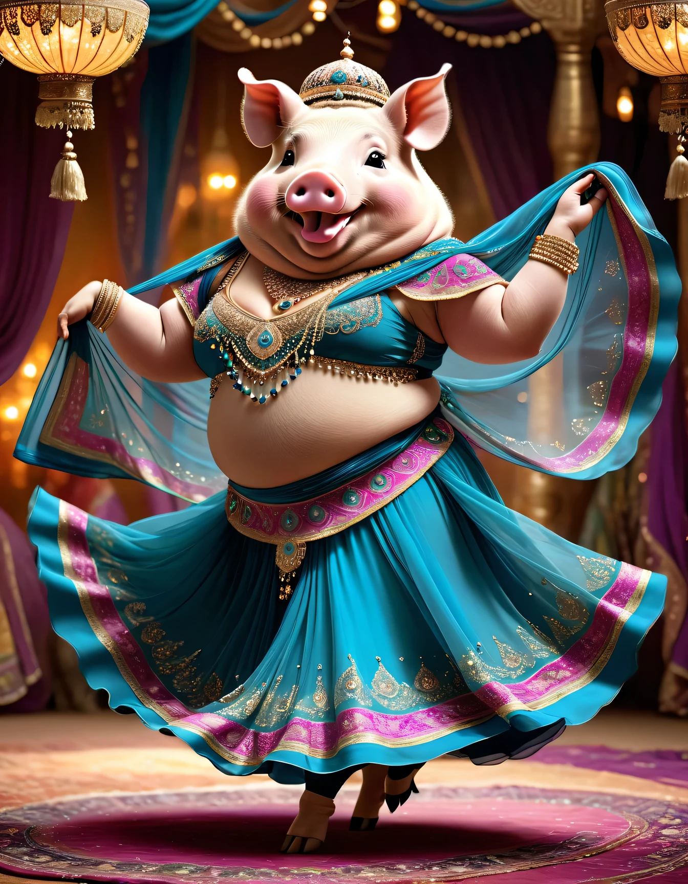 photorealistic portrait of Dressed animals - a ((fat)) ((pig)) dancer,(furry), (dynamic dancing:2.0), (swinging arms :2.0),(happy smile:1.2),high quality,(happy),(lovely) ,intricate details, (sheer veil), highly detailed (( gypsy belly dancing clothes)) ,highly detailed decorations of clothes, Wearing gypsy belly dancing clothes, , (happy), soft lighting,(full body image:1.5),Arabian palace background,(viewed from side:2.0),