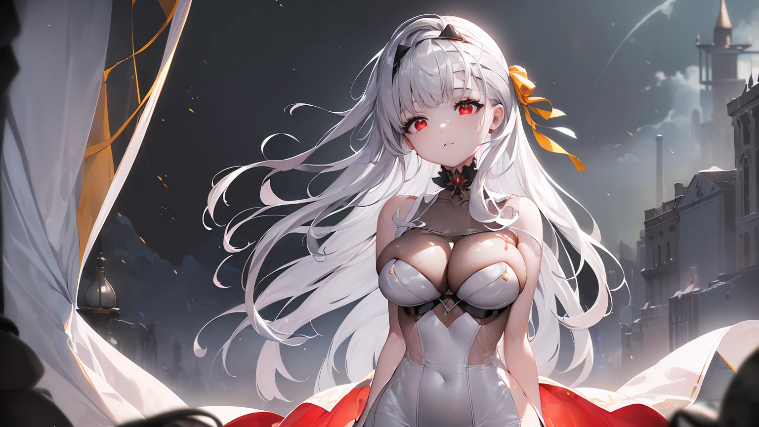 ((((Obra maestra, La mejor calidad, ultrahigh resolution)))), 1girl, standing, (cute maid costume), ((long pure silver hair and grey mesh hair, hair over eye)), long hair cut, pale skin, ((red eyes)), glowing_eyes, neon eyes, (ultra detailed eyes:0.7, beautiful and detailed face, detailed eyes:0.9), ((centered)), smile, ((wide shot)), facing viewer, ((vibrant background, bright lighting, summer, sunlight)), flat chested, looking at viewer, ((half closed eyes)), ((perfect hands)), (((head:1, arms, hips in view, elbows, arms, legs, in view))), ((hands behind back)), empty eyes, beautiful lighting, ((outside, outdoors)), defined subject, head tilt, (((gritty)), ((creepy)), ((cool)), ((beautiful)), (((SFW)))